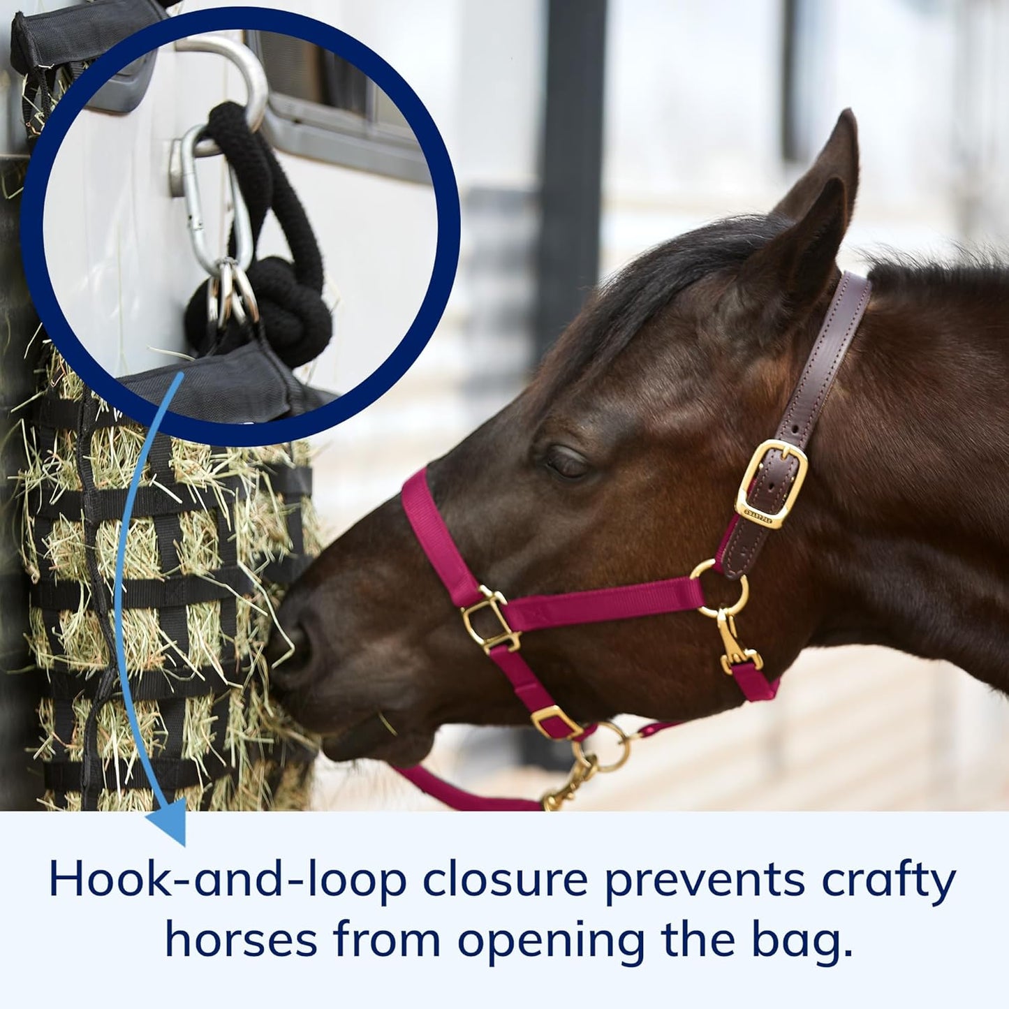 SmartEquine Slow Feed Hay Bag for Horses | Hay Feeder Net with Resistant Nylon | Gator Mouth Enclosure for Easy Loading | Fits 10-15 lbs of Hay | 4 Flakes Bag | 37" x 30" | Black | 2" Holes