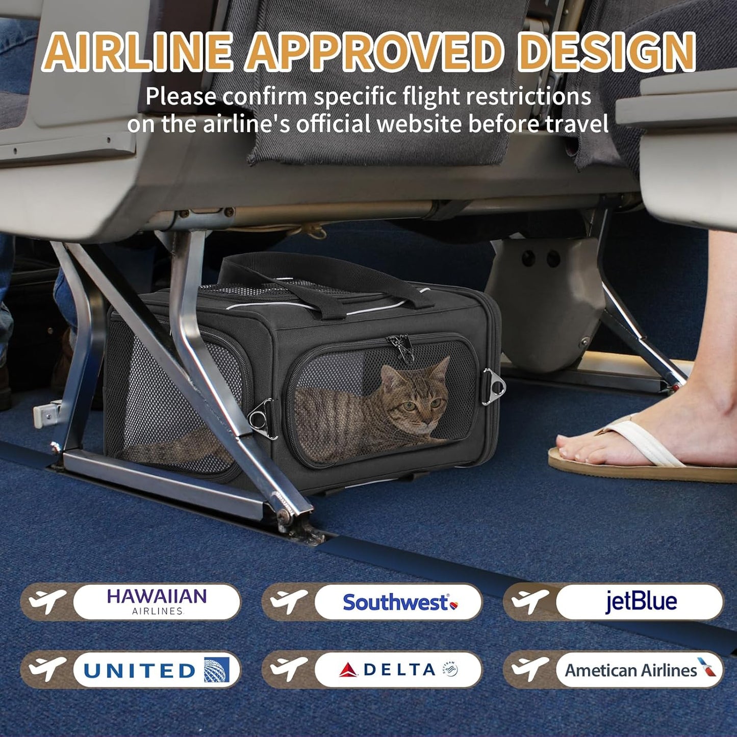 Petsfit Airline Approved Pet Carrier for Small Cats, 16.5x8.6x11 TSA Approved Carrier, with Removable Dual-Sided Padding (2-Way Placement) - Fits Under Most Airplane Seats, Escape Proof (Black)