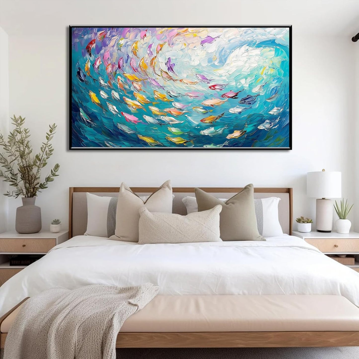 Fish Canvas Wall Art, Abstract School of Fish Canvas Wall Art, Ocean Picture Print, Sea Life Print Decor, Nautical Painting, Living Room, Bedroom, Bathroom Decor (Black Framed, 36"x20" | 92x52cm)
