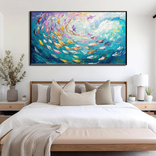 Fish Canvas Wall Art, Abstract School of Fish Canvas Wall Art, Ocean Picture Print, Sea Life Print Decor, Nautical Painting, Living Room, Bedroom, Bathroom Decor (Black Framed, 36"x20" | 92x52cm)