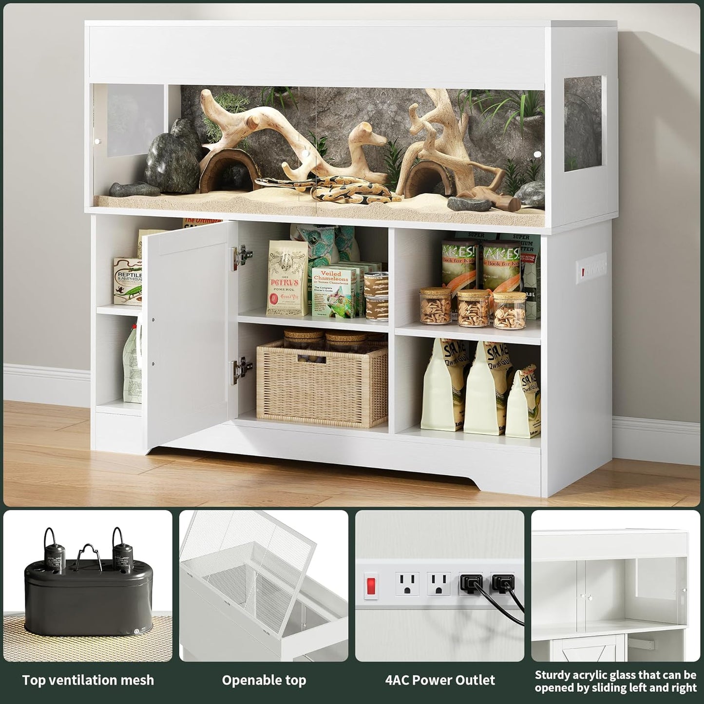 60 Gallon Reptile Tank with Stand, Terrarium Tank with Storage Cabinet, for Lizards, Skinks, Snakes, Sliding Acrylic Doors, Mesh Top, Built-in Power Outlet White PX02RTW
