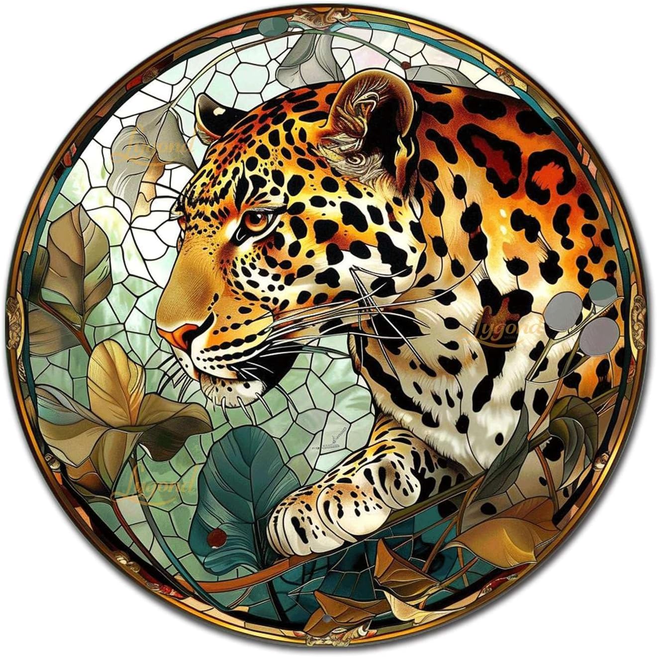 Lygond Metal Sign Tin Sign Circular Stained Glass Leopard Funny Sign for Restaurant 8×8 Inches
