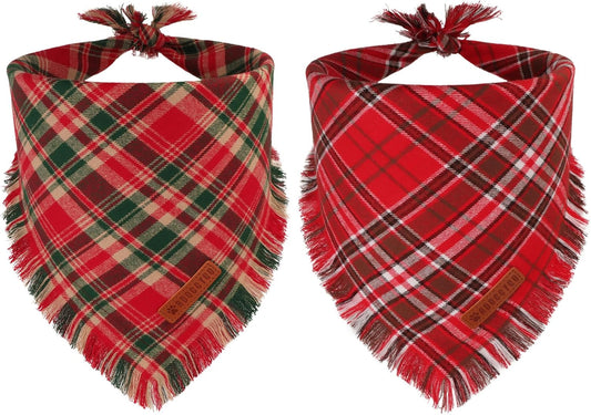 ADOGGYGO Christmas Dog Bandanas with Tassels Edges, Stylish Red Plaid Xmas Scarf, Multiple Sizes, Christmas Bandanas for Extra Large Dogs (X-Large)