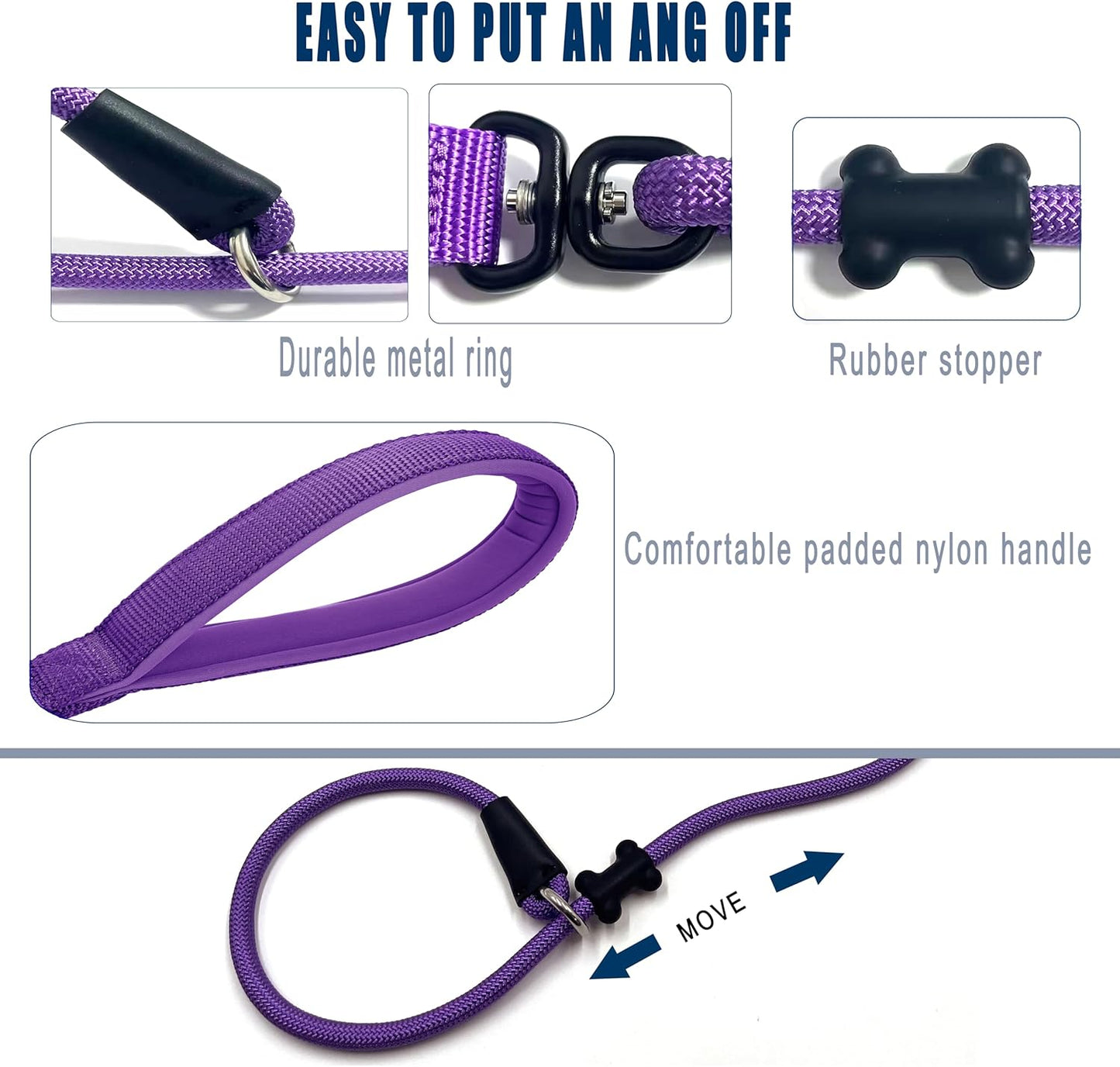 Slip Lead Dog Leash,Strong Nylon Rope Leash and Padded Handle,No Pull Outdoor Walking Training Lead for Small Medium Large Dogs (Purple, 1/2"×6ft)