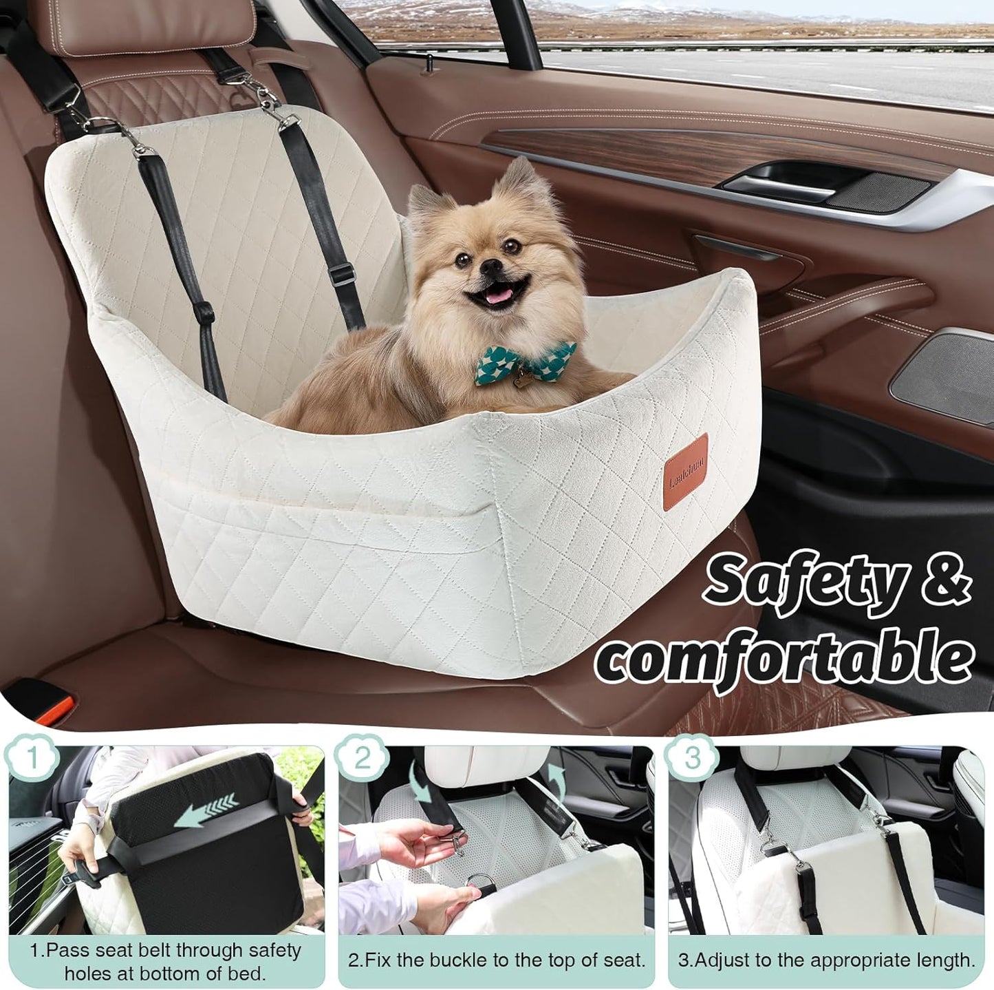 Dog Car Seat for Medium Dogs,Easy to Install with Adjustable Straps,Anti-Slip Bottom,Fully Detachable and Washable,Soft Fabric Fill in Memory Foam,Two Side Pockets(Beige,Medium)