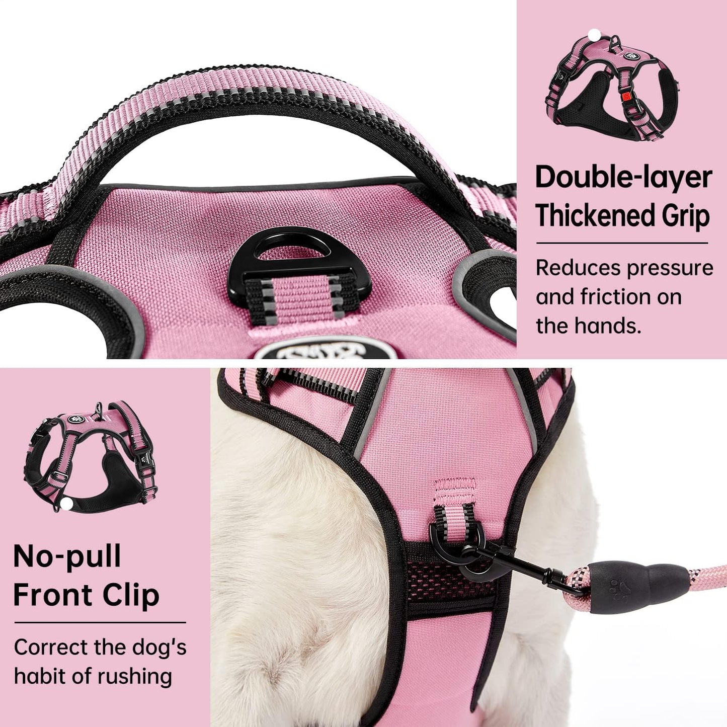 IVY&LANE No Pull Dog Harness for Large Dogs, Reflective Dog Vest Harness with Leash, Safety Belt and Storage Strap, Fully Adjustable Harness with Soft Handle (Pink, L)