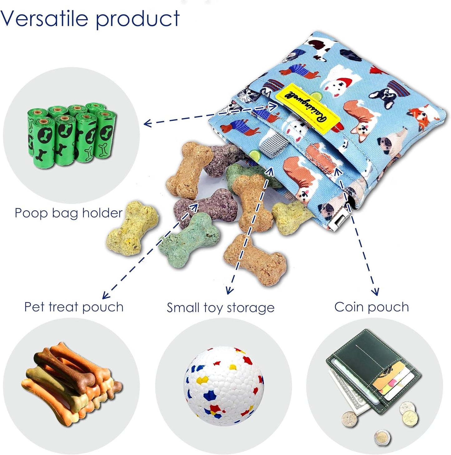 Dog Treat Pouch,Cotton Pocket Sized Training Holder, Hand Free Walking Funny Bag with Carabiner, Self-Closing Pet Feed Snack Reward, Behavior Aids for Puppy Travel or Outdoor Use(Dog Puzzle)