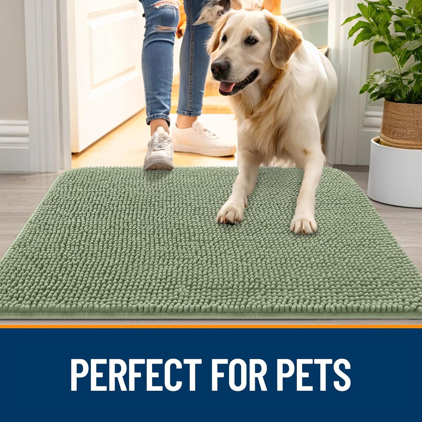 OLANLY Dog Door Mat for Muddy Paws 34x21, Absorbs Moisture and Dirt, Absorbent Non-Slip Washable Doormat, Quick Dry Chenille Mud Mat for Dogs, Entry Indoor Entryway Carpet for Inside Floor, Sage Green