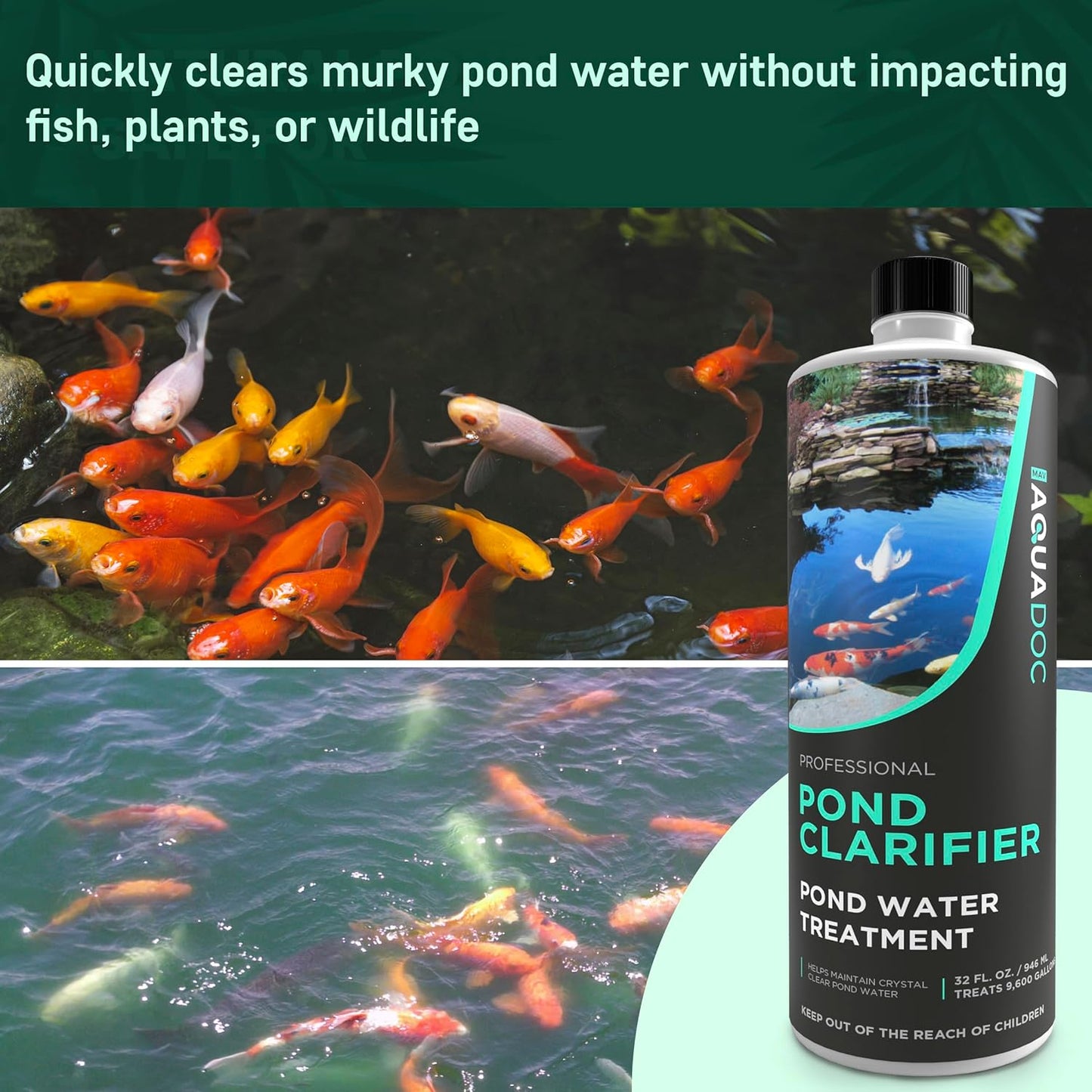 AquaDoc Pond Water Clarifier 32oz – Enzyme-Based Treatment for Koi and Fish Ponds – Helps Clear Cloudy Water and Reduce Sludge