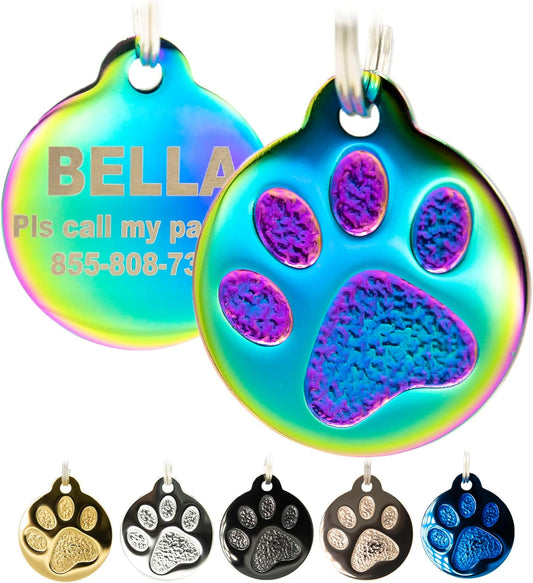Engraved Pet Tag for Dogs and Cats - Personalized Front & Back up to 4 Lines of Text Custom Engraved ID, Round Paw Print Solid Plating Stainless Steel Nebula Small