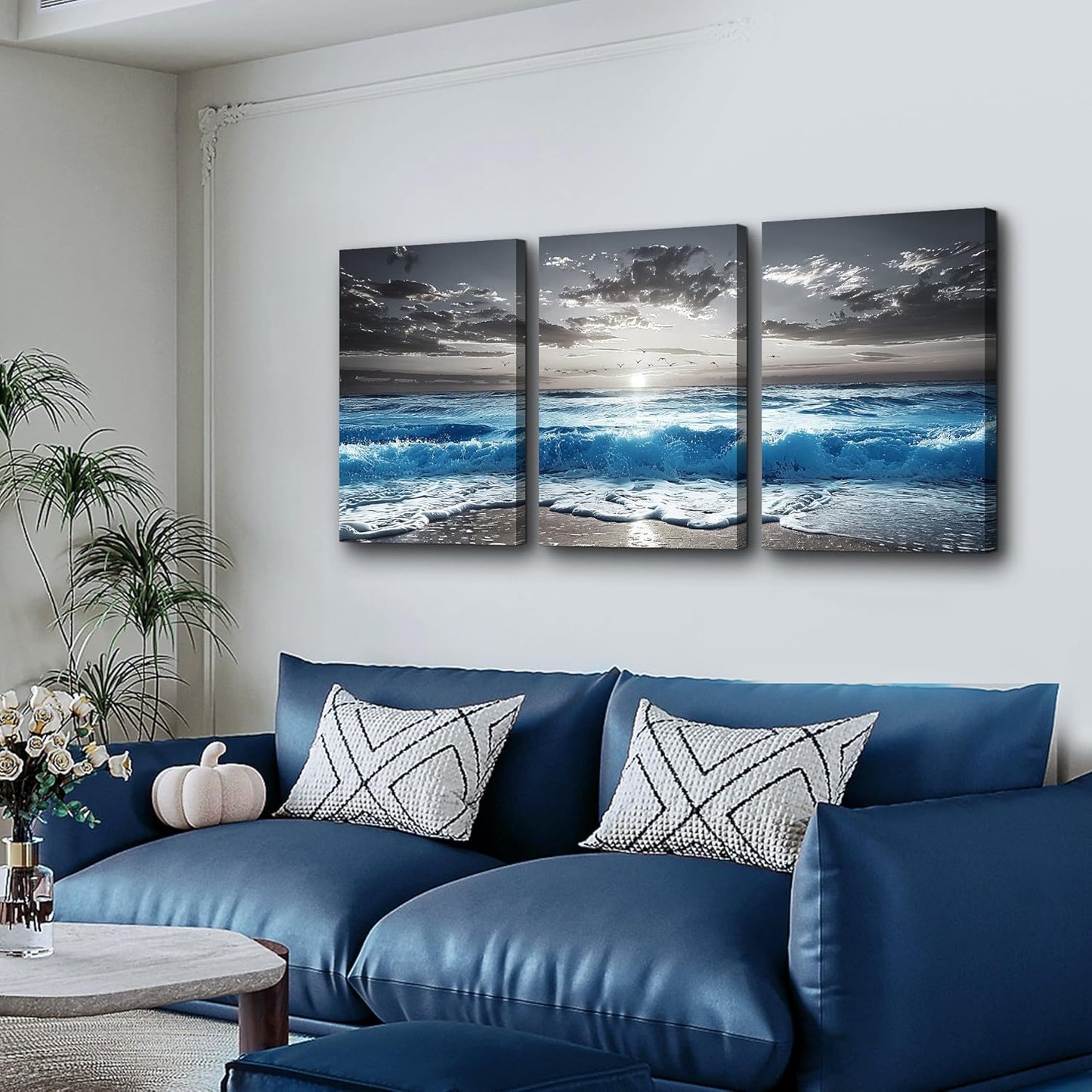 TTHYUEWS Black And White Beach Wall Pictures Wall Decor For Living Room Canvas Wall Art For Bedroom Office Decorations Blue Sea Wave Ocean Paintings Artworks Canvas Art Modern Home Decor 3 Pieces