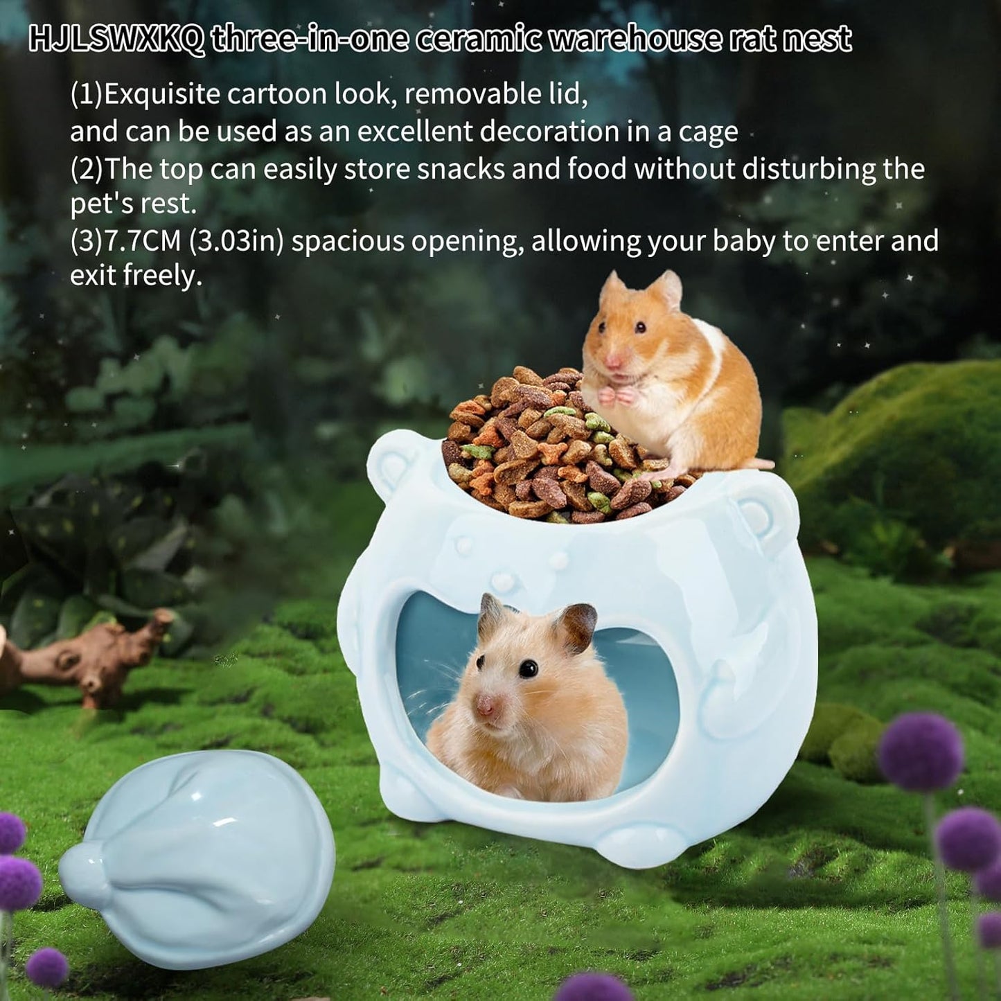 3-in-1 Bear Shaped Ceramic Hamster House - Cool House for Syrian Dwarf Hamsters, Mice, Gerbils, Small Pets, Top for Hamster Food, Removable Lid for Ice Packs, Cute Cool Hideout for Summer(Blue)