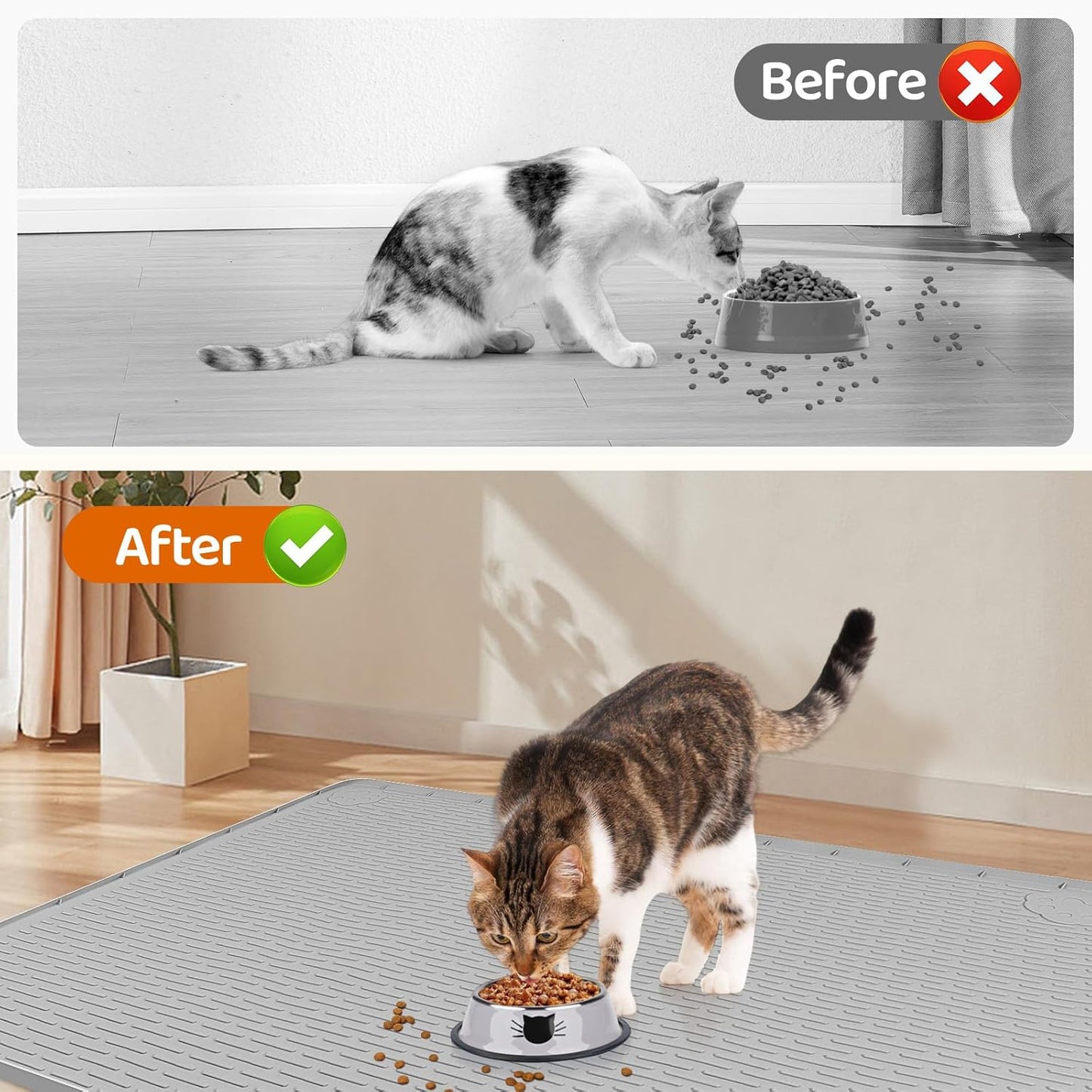 Cat Food Mat, 50" x 35" Extra Large Silicone Pet Feeding Mat with Raised Edge Pet Placemat for Food and Water Bowl Non-Slip, Easy to Clean, Floor Protection (Grey)