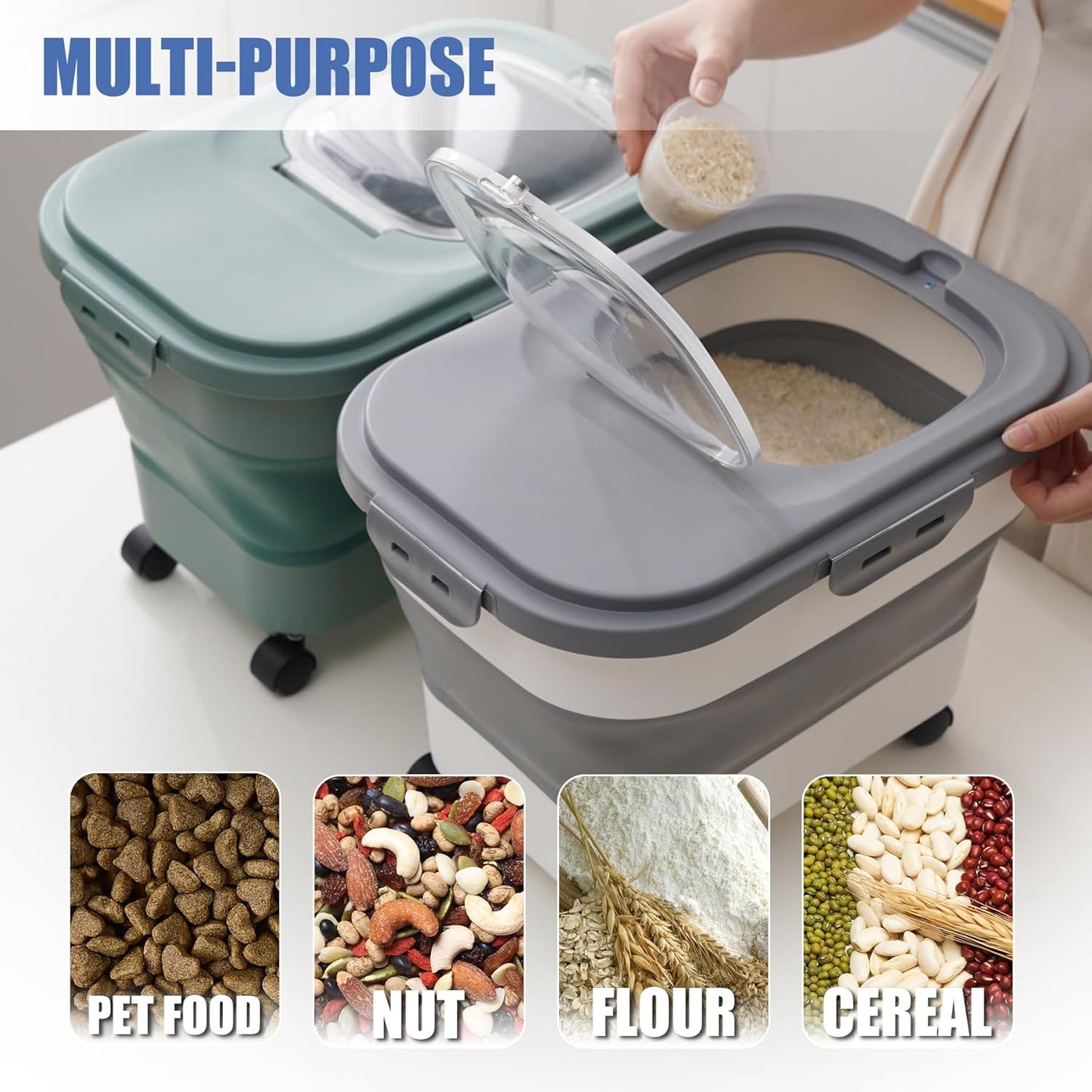 Collapsible Dog Food Storage Container with Lids, Airtight 30 35 Lbs Rice Cereal Flour Sugar Containers Dispenser, Sealable 20 25 Lbs Dog Pet Cat Bird Seed Kitchen Holder Bin Bucket with Rolling Wheel