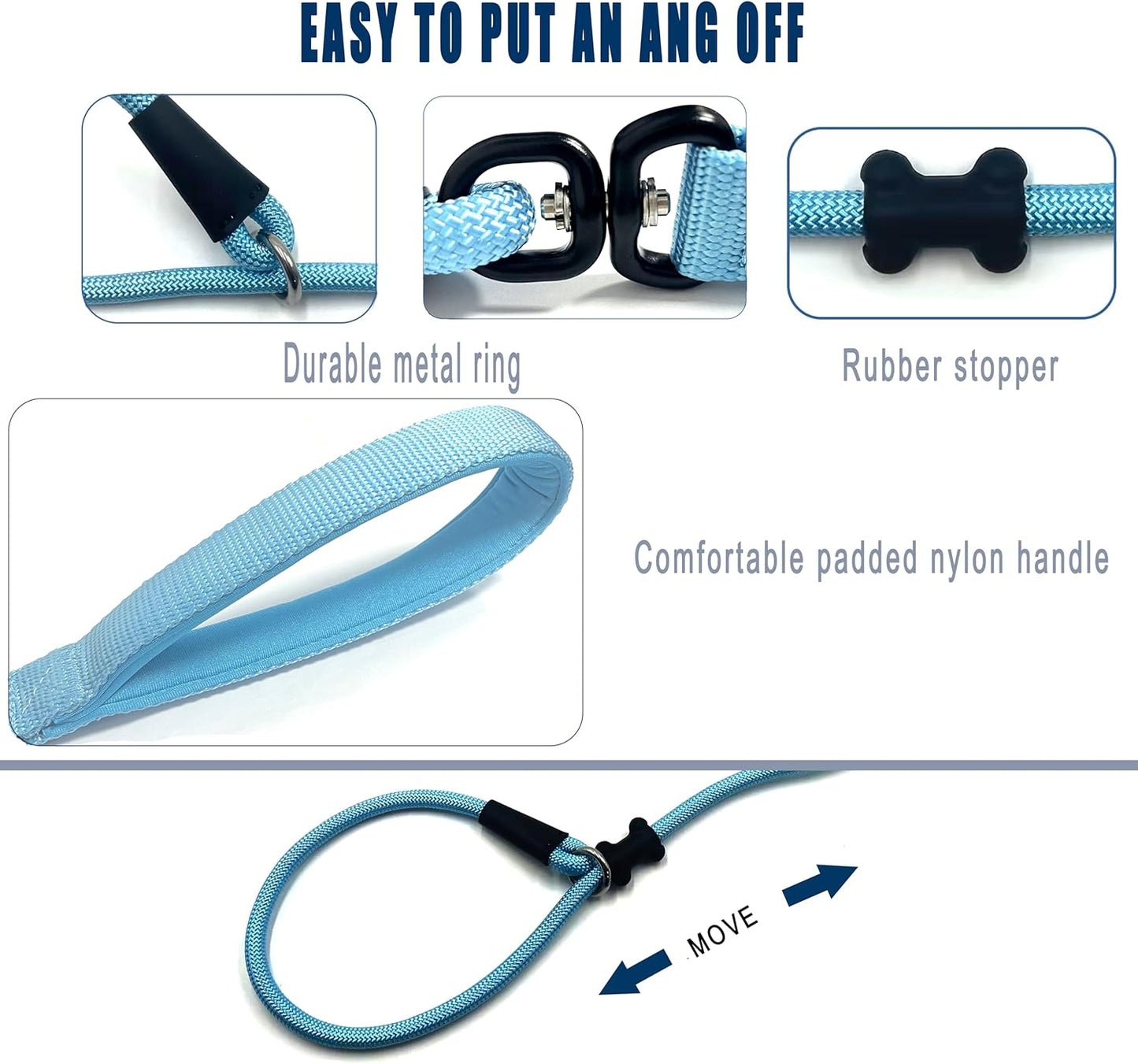 Slip Lead Dog Leash,Strong Nylon Rope Leash and Padded Handle,No Pull Outdoor Walking Training Lead for Small Medium Large Dogs(Light Bule, 1/2"×6ft)