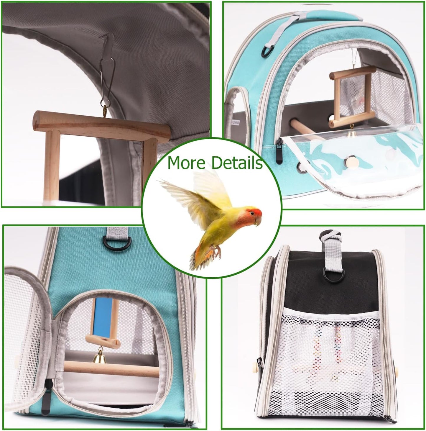 Portable Parrot Travel Cage Carrier with Small Swing Toy&Cage Colorful Toys Set Small Bird Parakeet Bag with Standing Perch Bird Carry Transport Bag (Green, Carrier/Mirror)