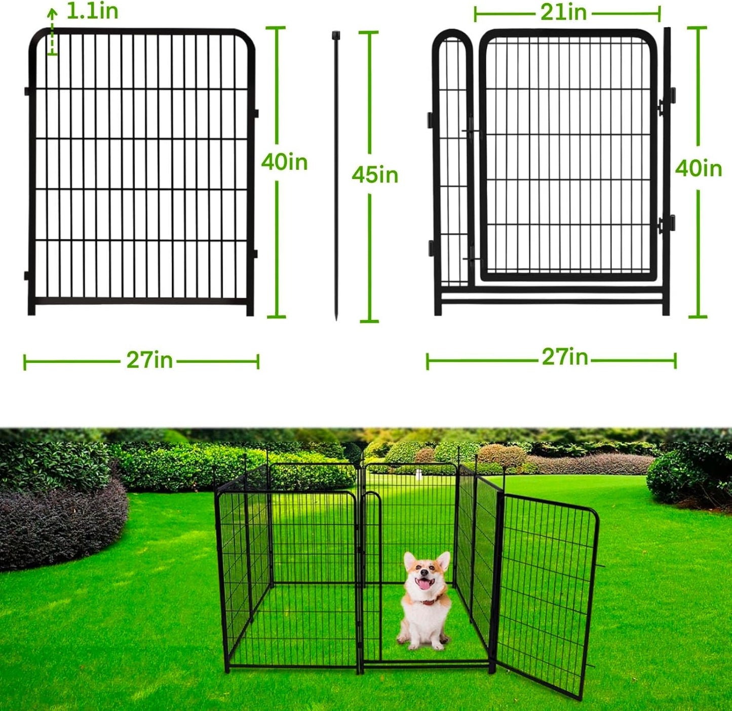 Garden Fencing 40 inch High, Dog Fence Outdoor for Yard, 8 Panels Total 18Ft(L),Gate 21 inches Wide with Low Sills. Fencing for Garden Beds, Rabbit Fence, Anti Dig Fences Barrier