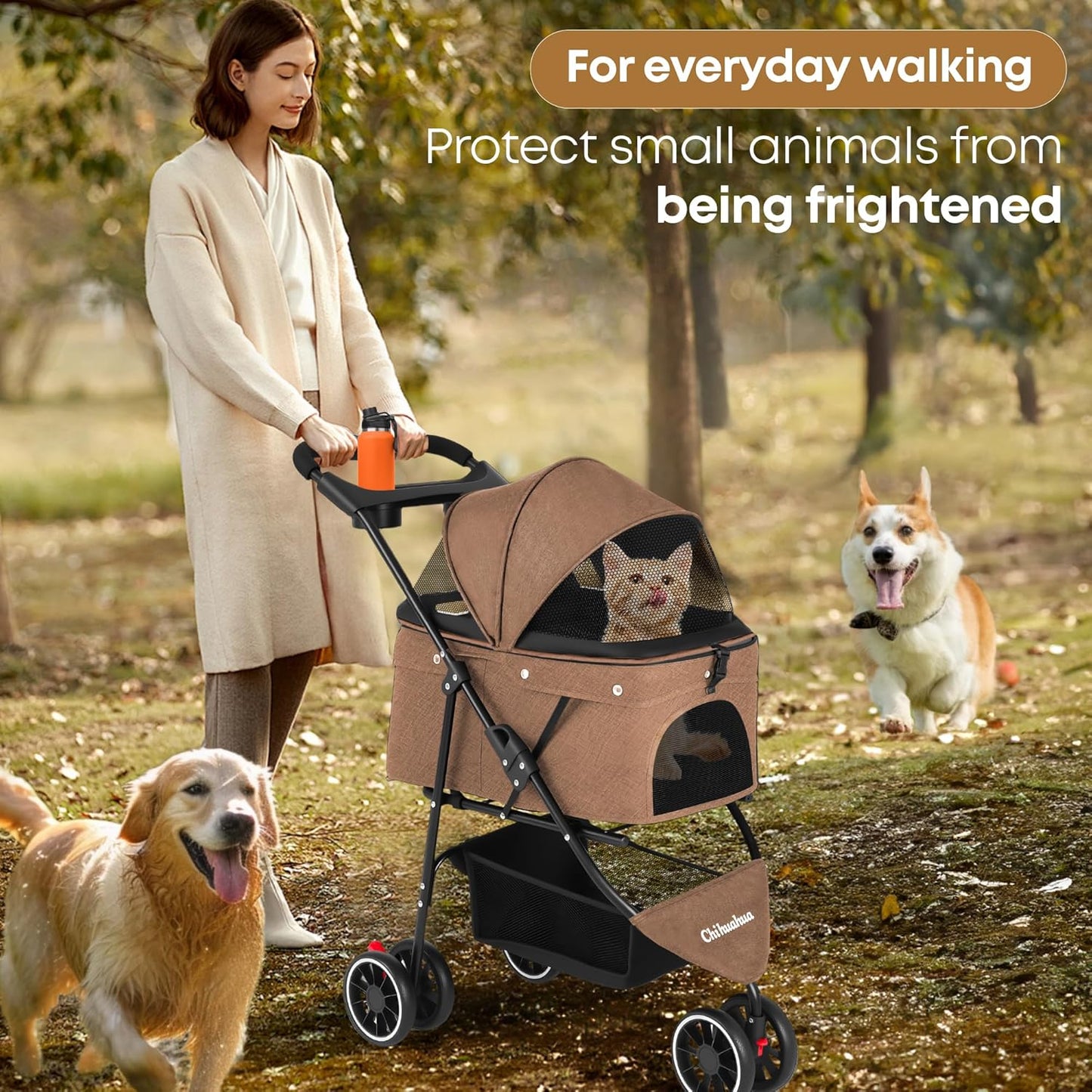 Pet Stroller,Dog Stroller for Small Medium Dogs Cats,3 Wheels,Foldable,with Breathable Mesh Canopy,Cup Holders,Easy Assembly,Deep Brown