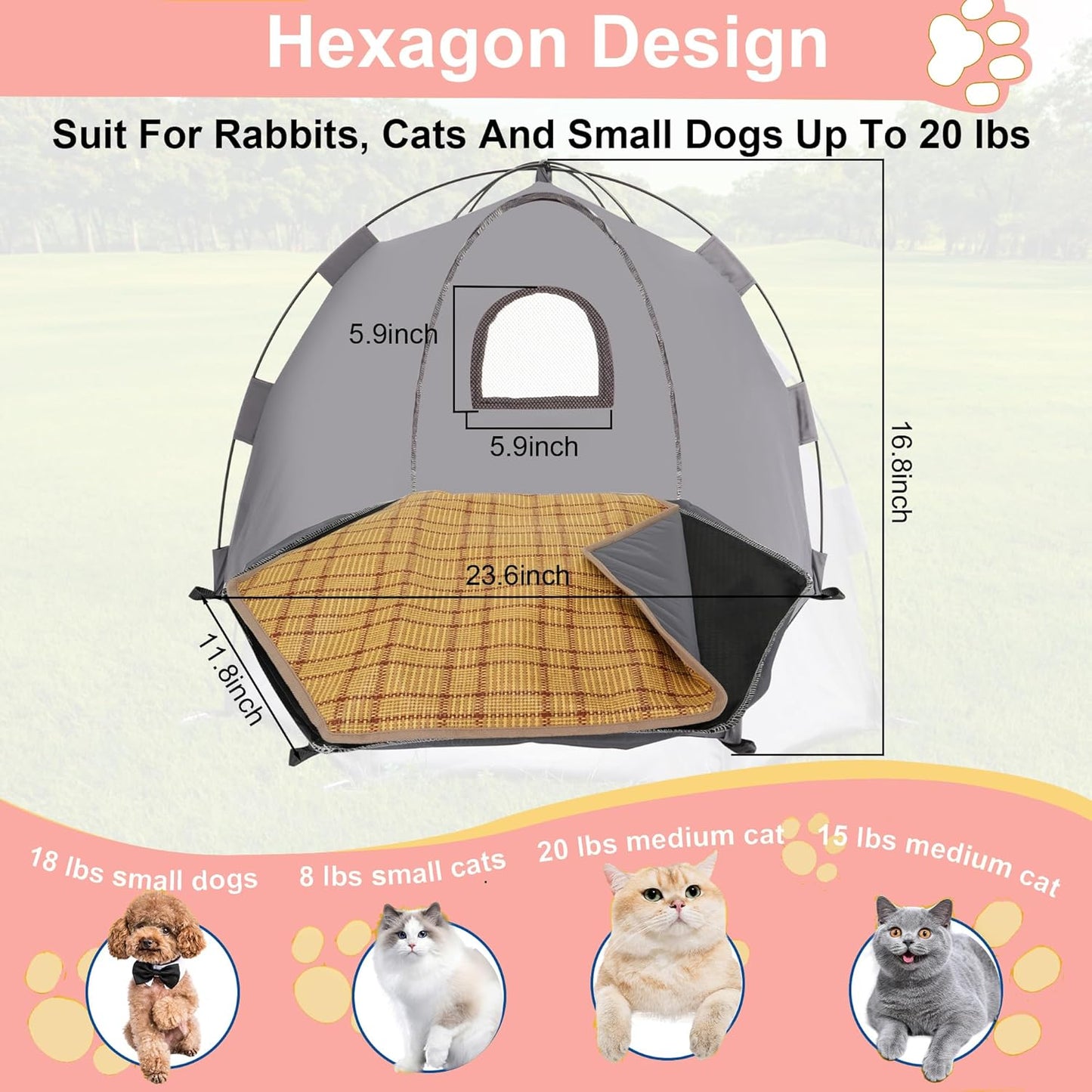 Yanvega Cat Tent Cat Beds for Indoor Cats Pet Supplies, 23.6" × 23.6" × 16.8" Cat Pop Up Tent Collapsible Cat House Cat Cave Outdoor, No Assemble Required High Elastic Frame with Ground Nail (Gray)