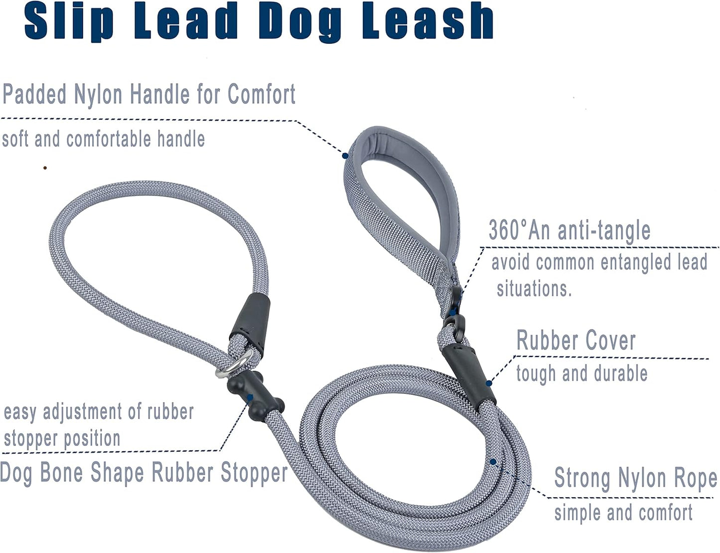 Slip Lead Dog Leash,Strong Nylon Rope Leash and Padded Handle,No Pull Outdoor Walking Training Lead for Small Medium Large Dogs(Grey, 1/2"×6ft)