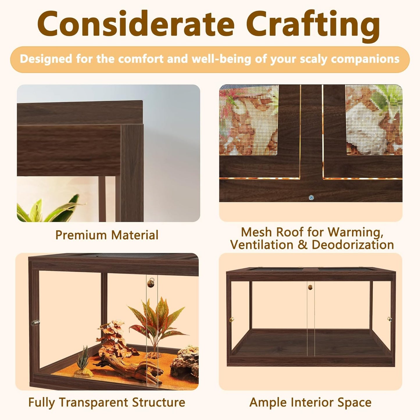 PROLEE Bearded Dragon Tank,27 Gallon Reptile Tank with Meatl Mesh Roof and Front Sliding Door, Anti-Scratch Lizard Tank,Spacious Reptile Enclosure for Snakes,Lguanas, Chameleons(Walnut)