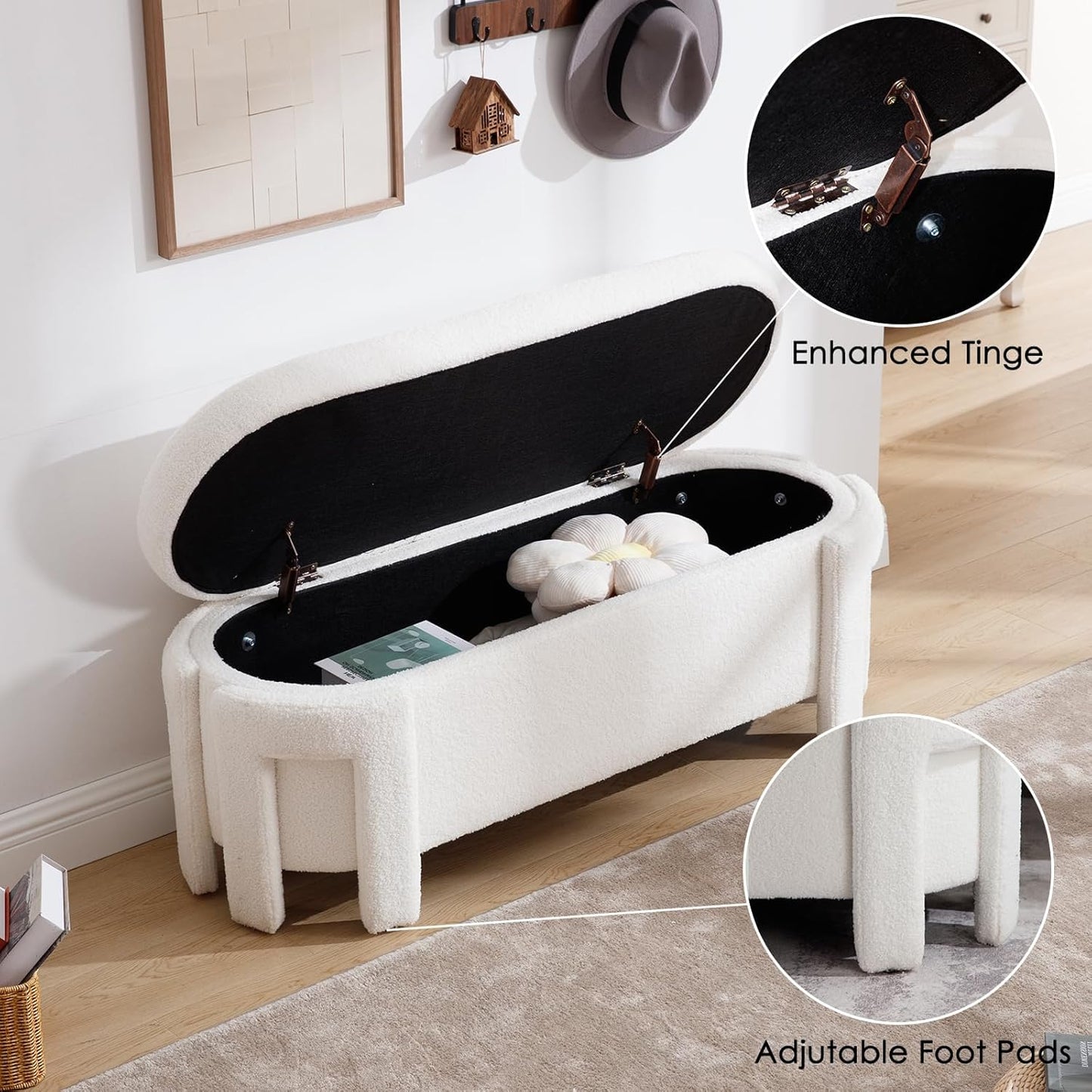 Modern Upholstered Storage Bench, Boucle Sherpa Fabric 50" Long Entryway Bench with Storage and Seating, Comfy Cute Ottoman Bench for Living Room/End of Bed/Hallway, White