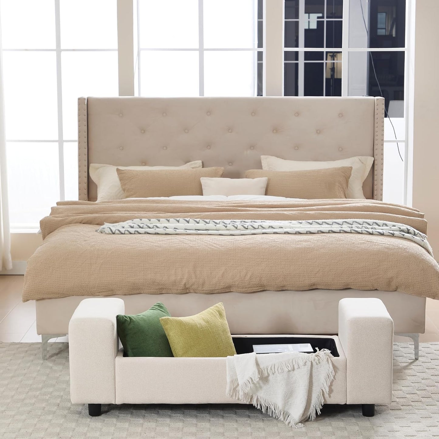 Storage Ottoman Bench,55 Inch End of Bed Linen Bench with Large Storage for Bedroom/Living Room/Entryway/Closet(Beige)