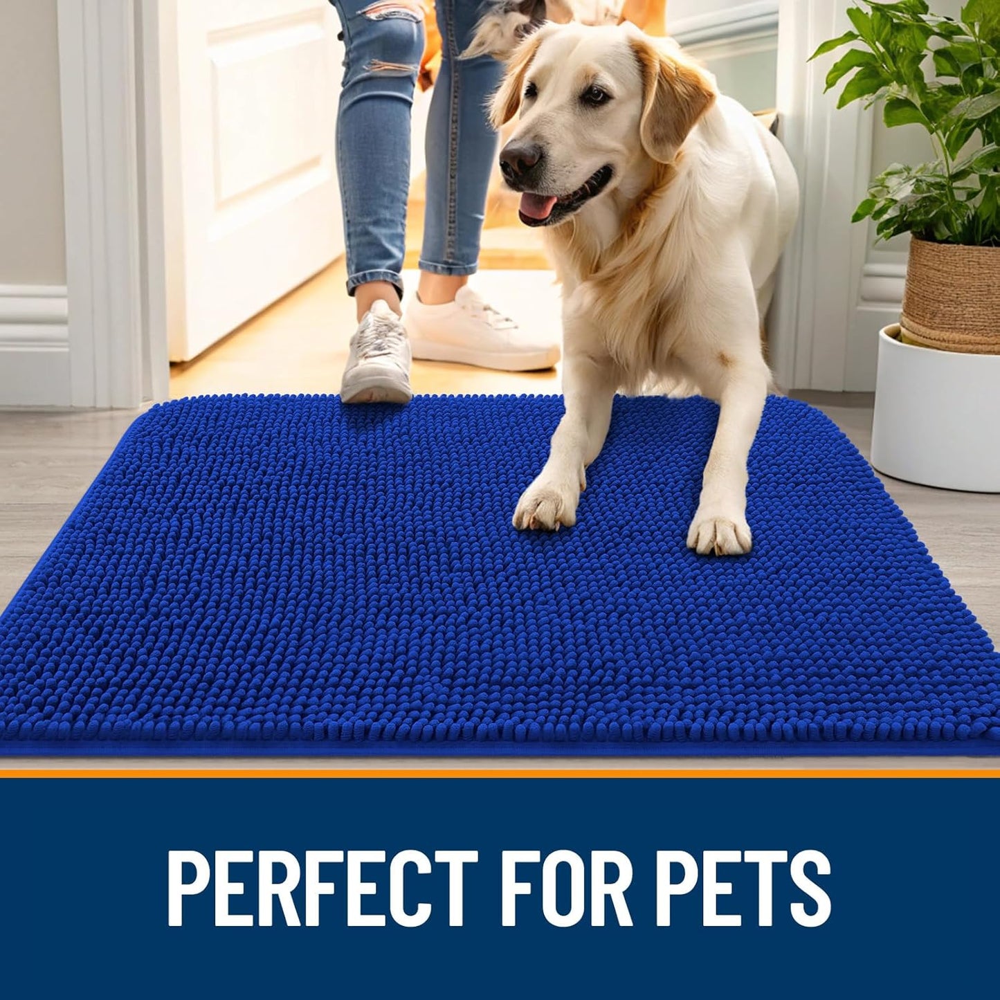 OLANLY Dog Door Mat for Muddy Paws 47x32, Absorbs Moisture and Dirt, Absorbent Non-Slip Washable Doormat, Quick Dry Chenille Mud Mat for Dogs, Entry Indoor Entryway Carpet for Inside Floor, Royal Blue