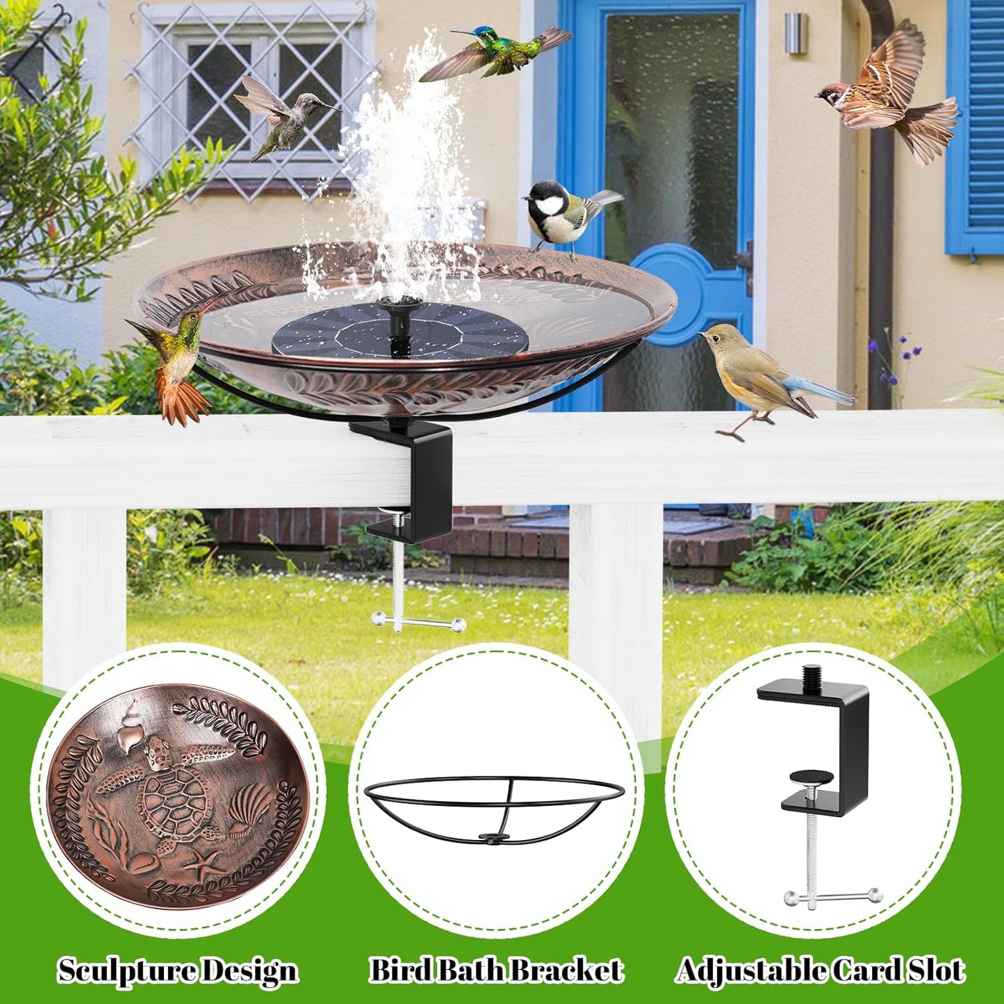 Deck Mounted Bird Bath for Outside, Detachable Birdbath Bowl with Sturdy Clamp, Outdoor Bird Baths Bowl for Attracting Birds Garden Yard Decor (Vintage Copper Turtle)