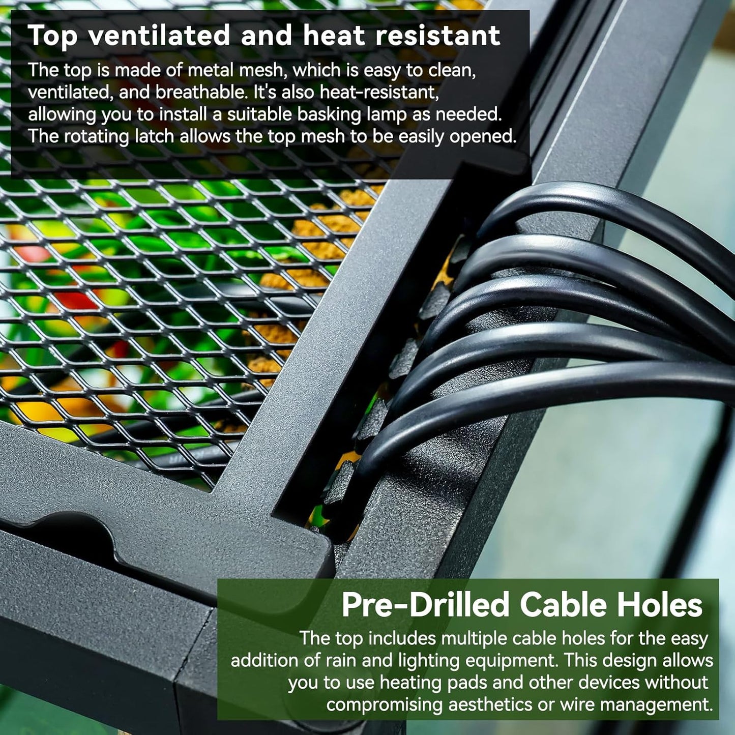 Glass Reptile Tank Front Opening Terrarium Suitable for Leopard Geckos, Snakes, Tree Frogs, Chameleons,Watertight Base, Ventilated Metal Mesh Top, Pre-Drilled Cable Holes 23.9x18x18''