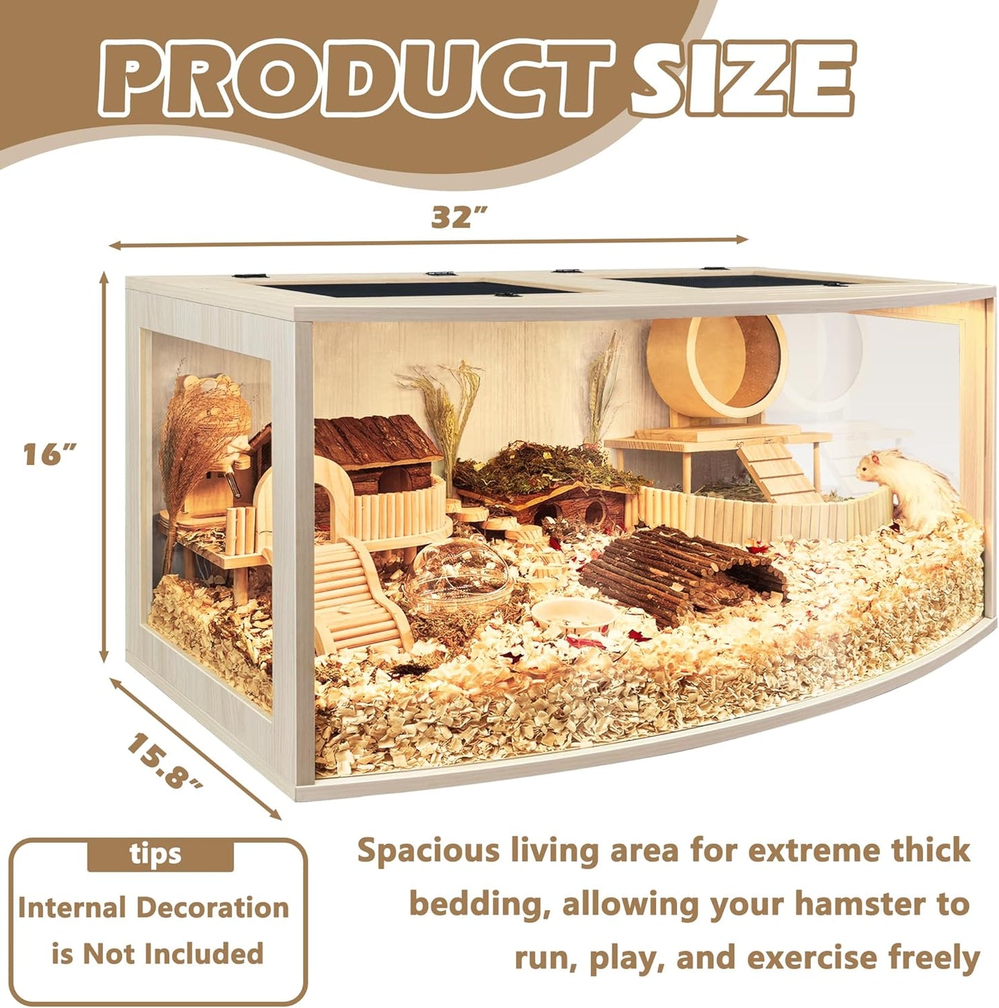 Prolee Hamster Cage Chew Proof Wood, Hamsters Enclosure Openable Top with Curved Design,Waterproof Small Animals Cage with Acrylic Sheets for Gerbils,Hamster Habitat(32 Inches)