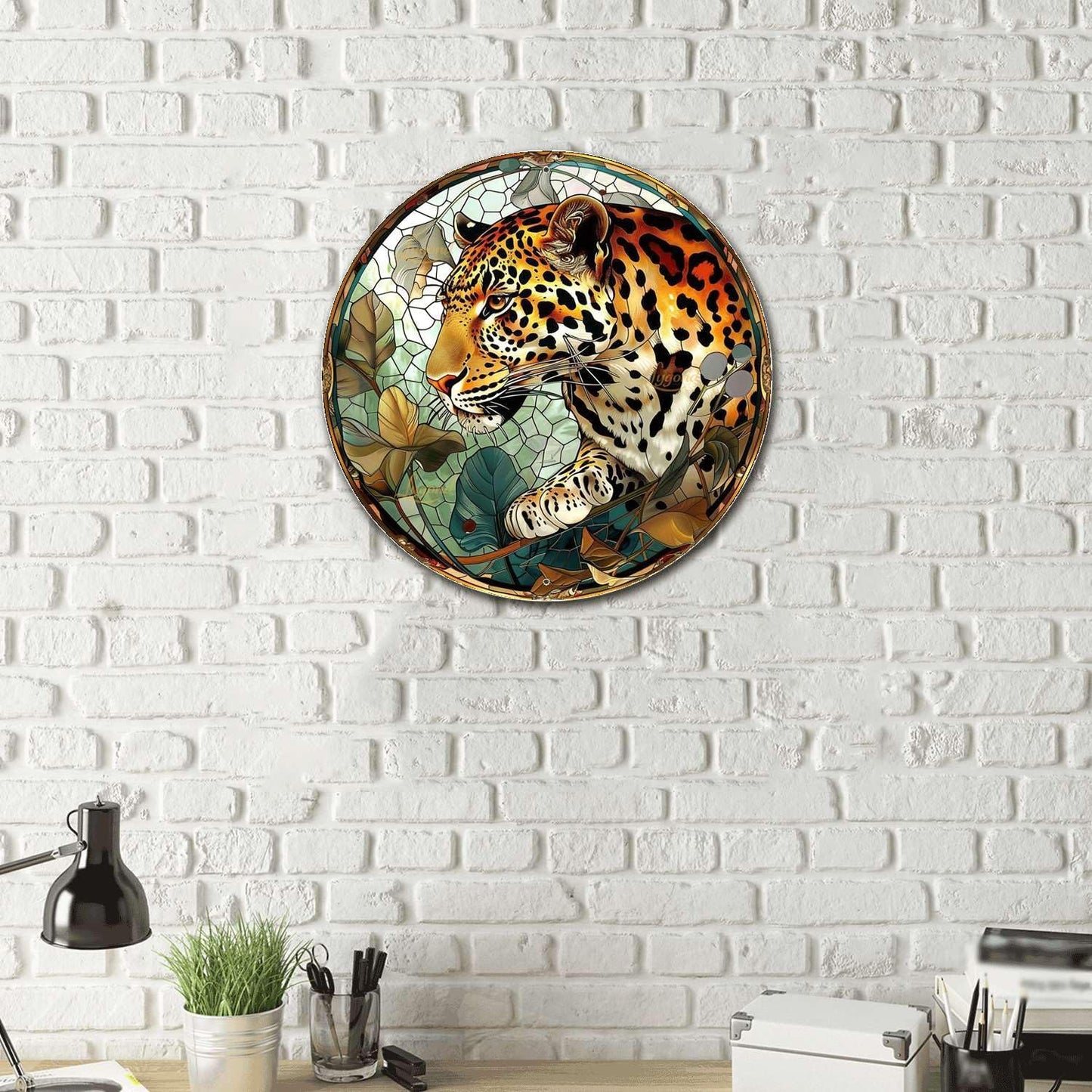 Lygond Metal Sign Tin Sign Circular Stained Glass Leopard Vintage Metal Sign for Gift 12×12 Inches