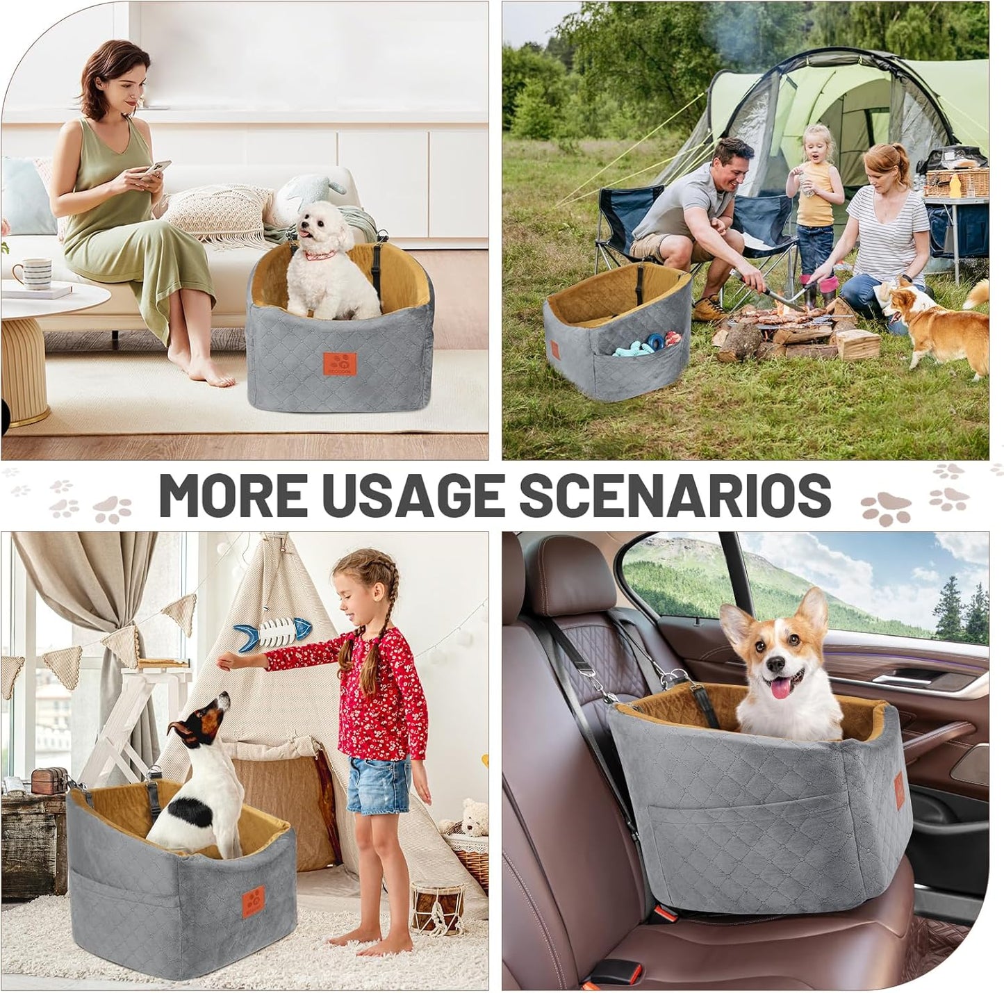 Dog Car Seat for Small Medium Dogs, Memory Foam Booster Car Seat for Dogs up to 35 lbs, Elevated Pet Car Seat, Travel Safety Bed with Washable Removable Cover and Storage Pockets(Gray/Coffee)