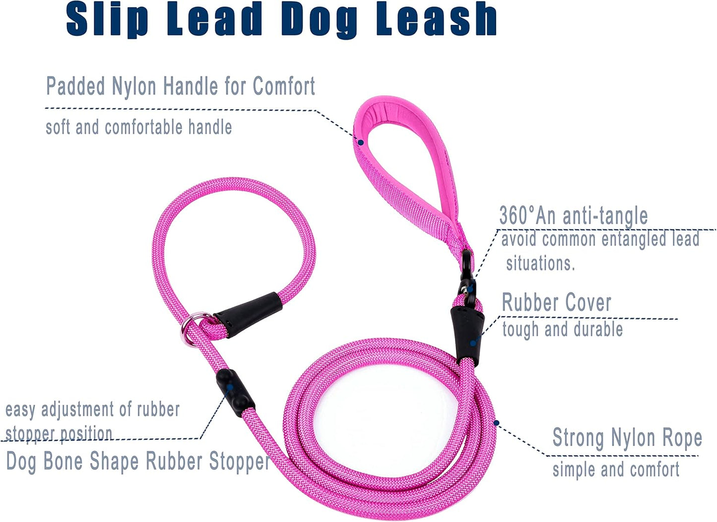 Slip Lead Dog Leash,Strong Nylon Rope Leash and Padded Handle,No Pull Outdoor Walking Training Lead for Small Medium Large Dogs(Fuchsia, 1/2"×6ft)
