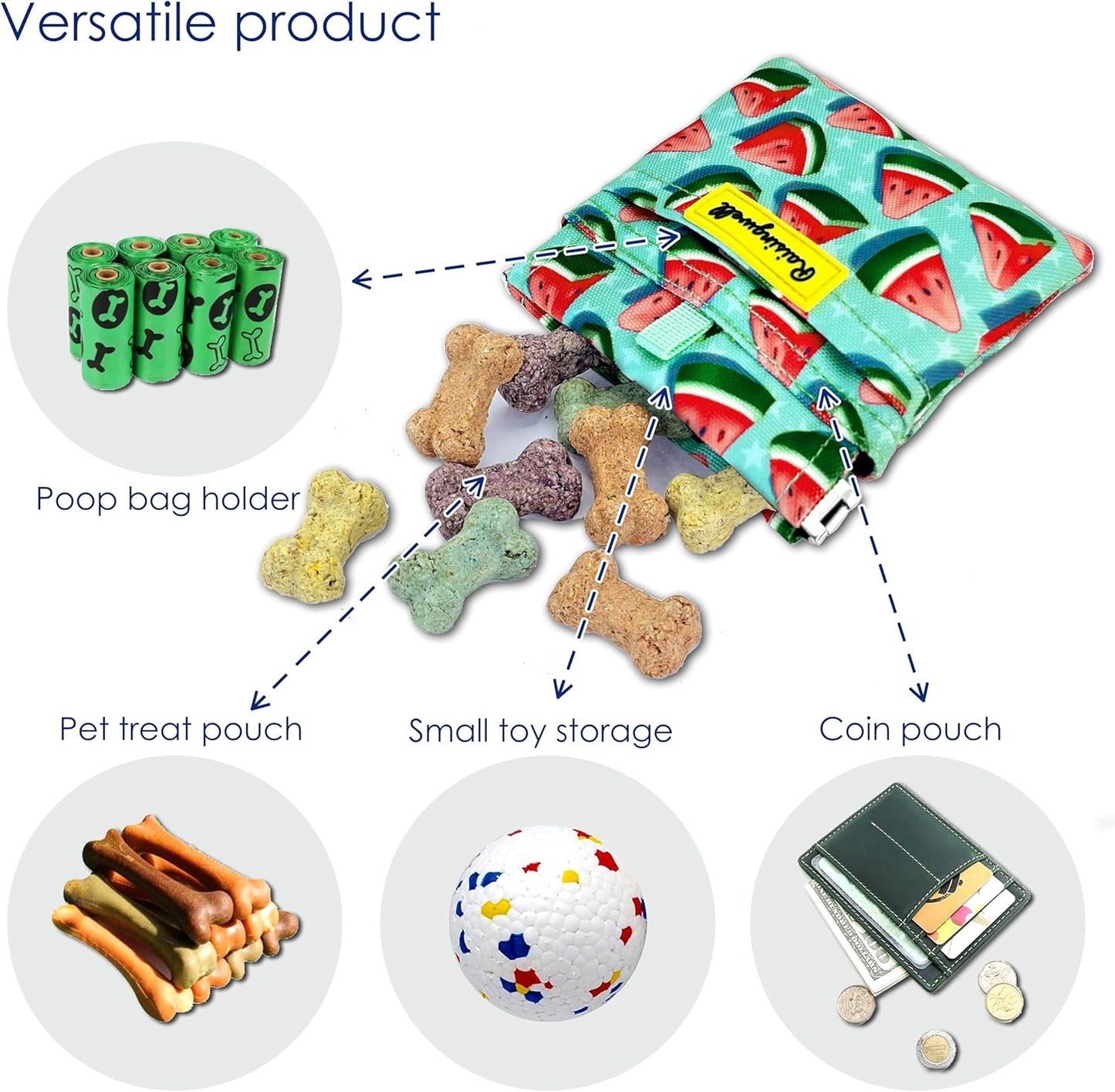 Dog Treat Pouch,Cotton Pocket Sized Training Holder, Hand Free Walking Funny Bag with Carabiner, Self-Closing Pet Feed Snack Reward, Behavior Aids for Puppy Travel or Outdoor Use(Watermelon)