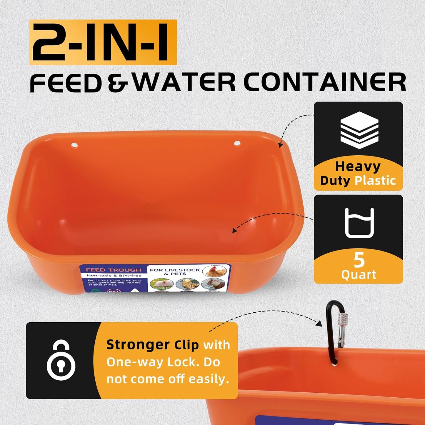 Goovilla Chicken Feeder Waterer, Hanging or Screw-in Fence Feeder with Clips, 2 Pack 5 Quart Goat Feeder Supplies, Duck Piglet Sheeple Coop Dog Livestock Poultry Plastic Feeder Trough Bucket, Orange