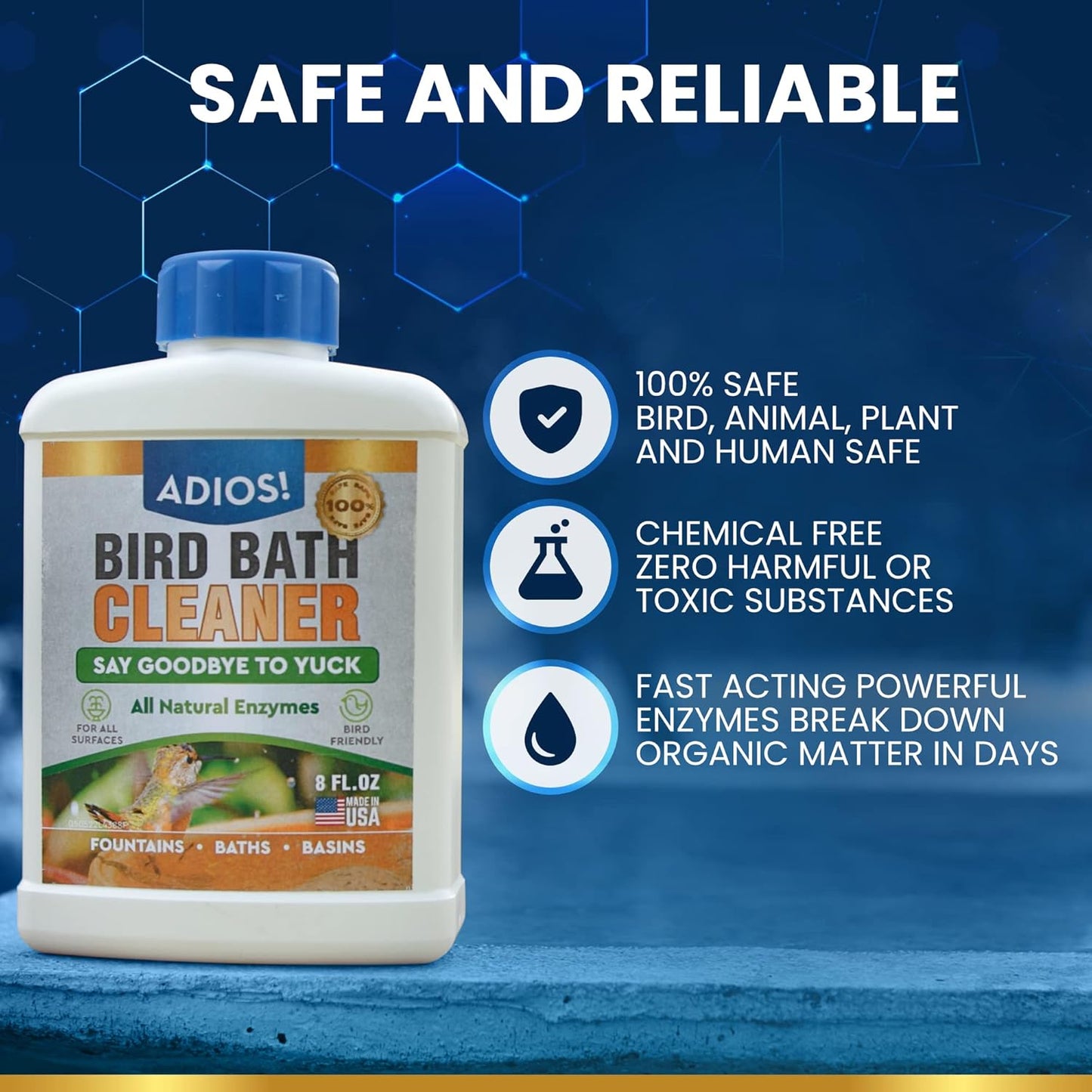 Bird Bath Cleaner for Outdoor Fountains and Bowls, Safely Cleans Metal, Glass and Stone (32oz)