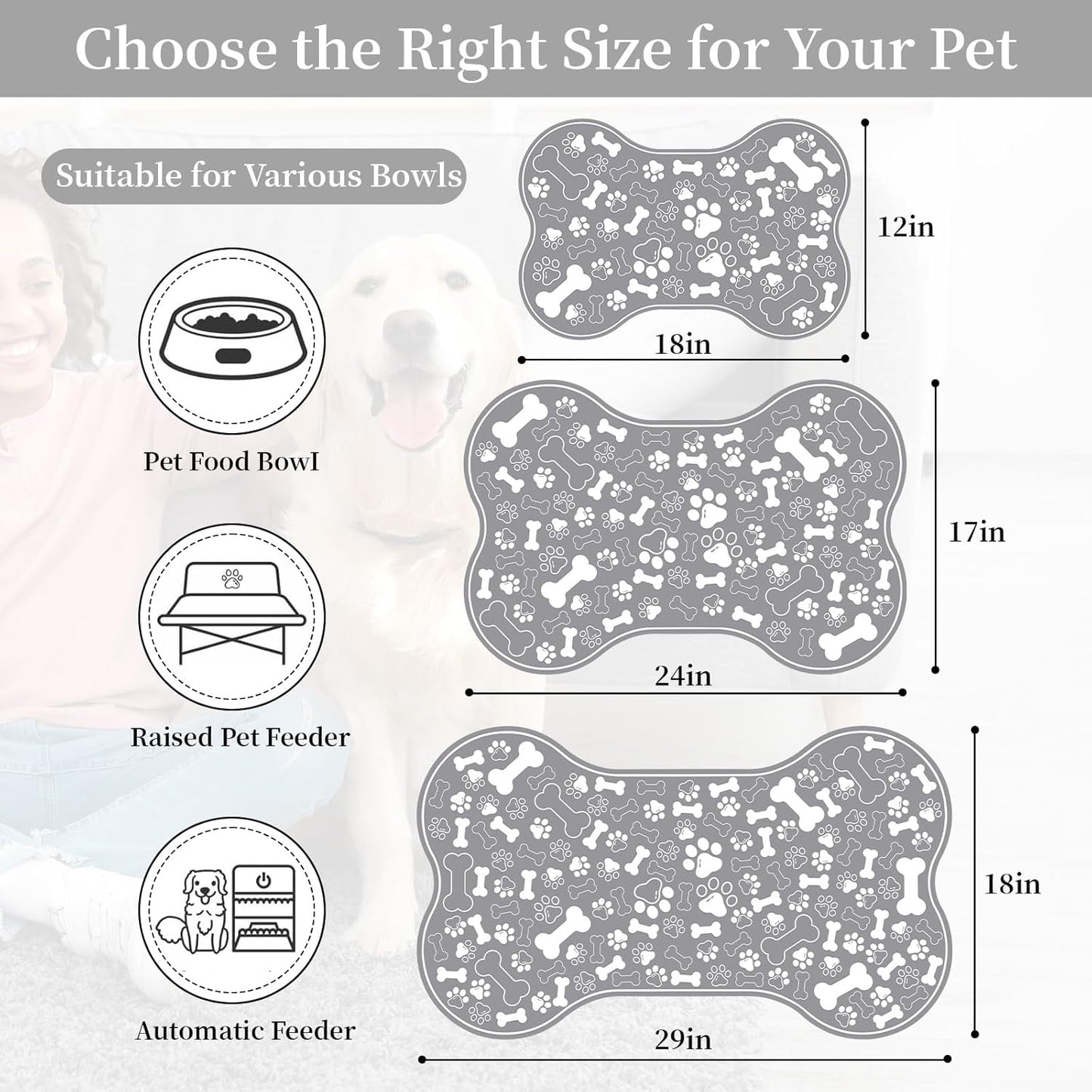 Dog & Cat Food Mat Bone Shaped Pet Feeding Mat Quick Absorb Water Bowl Placemat with Rubber Backing Indoor Floor Stain Resistant Pet Accessory Supplies (Grey Small, 12x18 Inches)