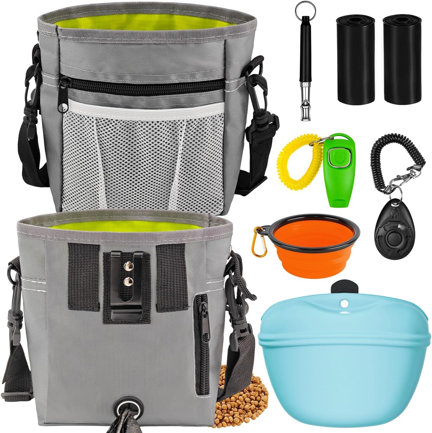 JIURUN Dog Treat Bag, Dog Training Kit - Treat Pouch, Pet Training Fanny Pack, Puppy Training Clicker, 2-in-1 Whistle Clicker, Collapsible Dog Bowl, 2 Dog Poop Bag(Gray)