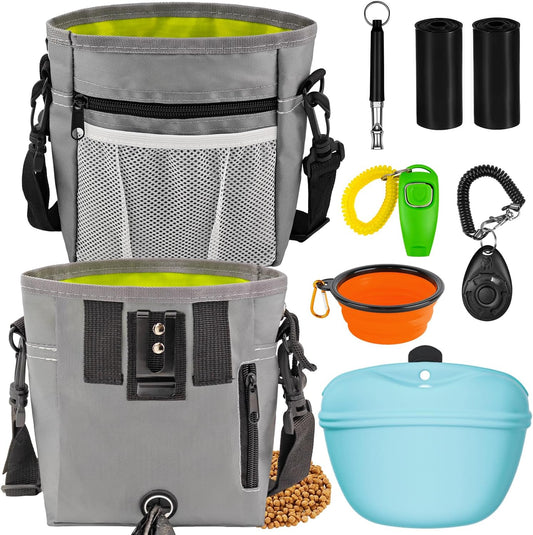 JIURUN Dog Treat Bag, Dog Training Kit - Treat Pouch, Pet Training Fanny Pack, Puppy Training Clicker, 2-in-1 Whistle Clicker, Collapsible Dog Bowl, 2 Dog Poop Bag(Gray)