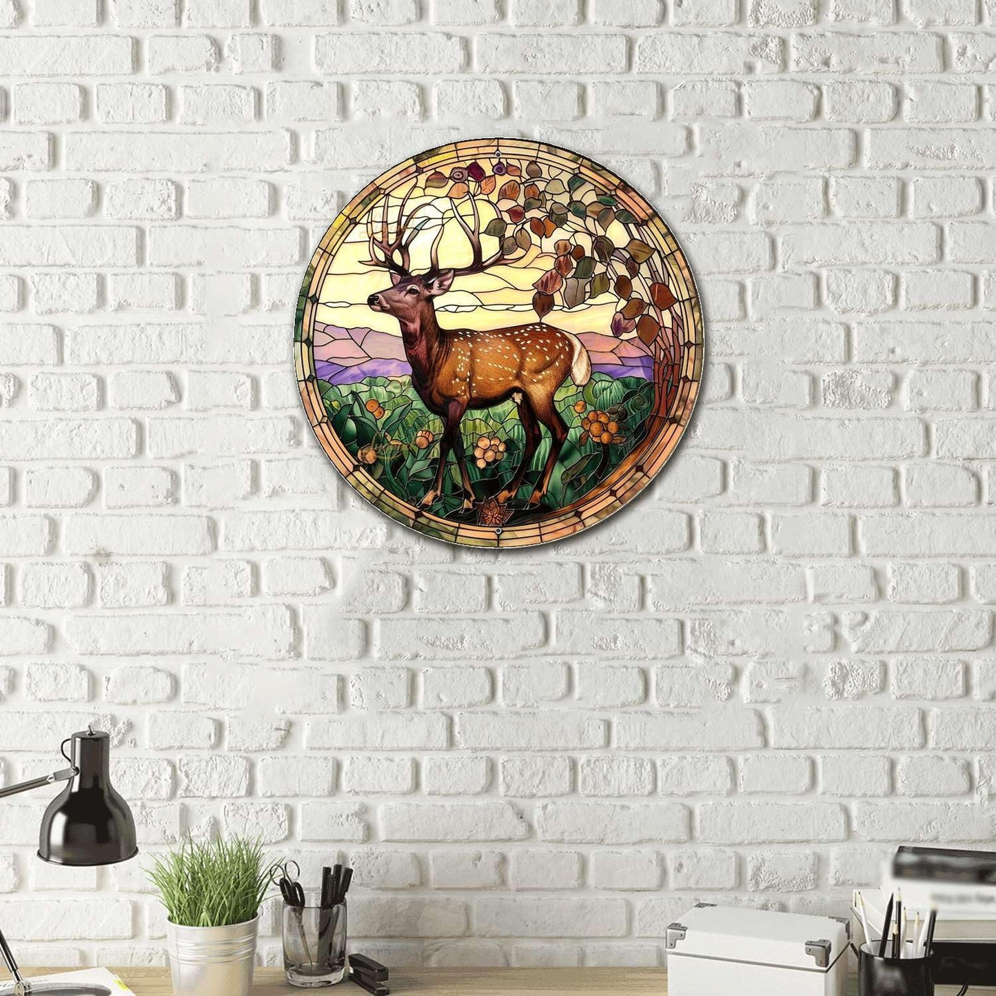 Lygond Metal Sign Tin Sign Circular Stained Glass Deer Metal Sign for Club 12×12 Inches