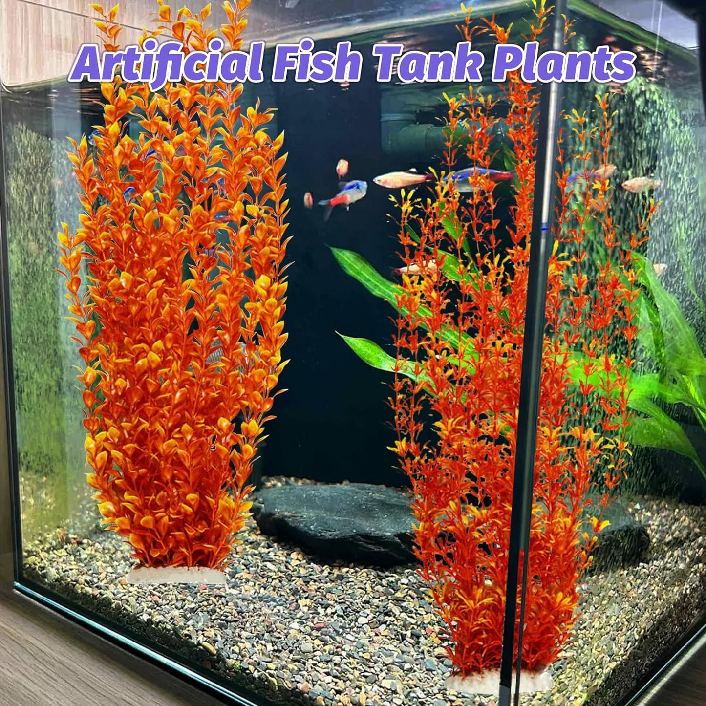 Hamiledyi Aquarium Plastic Plants Aquarium Decor Artificial Fish Tank Plants,Tall Fish Tank Decorations, Extra Large Aquarium Plant 23.6-inch Tall,2PCS(Orange Style A)