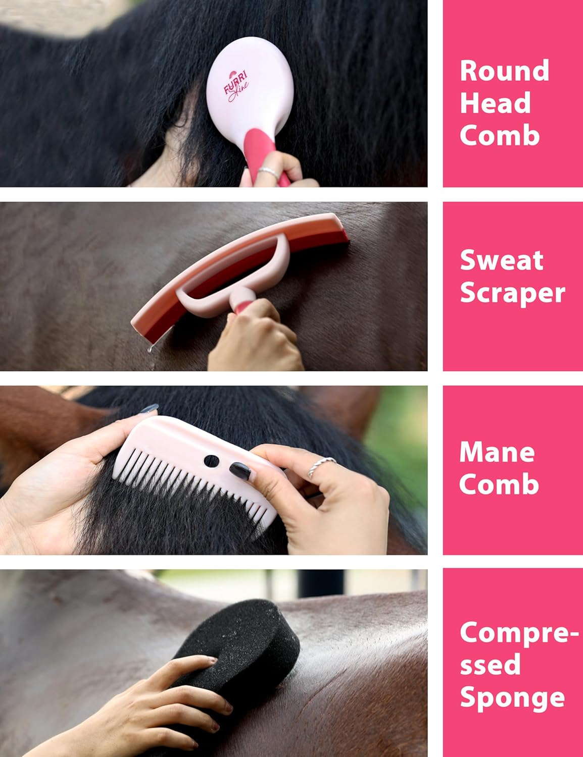 9PCS Horse Grooming Kit Curry Comb Sweat Scraper Horse Bathing Supplies Grooming Tools with Storage Bag Pink Garnet
