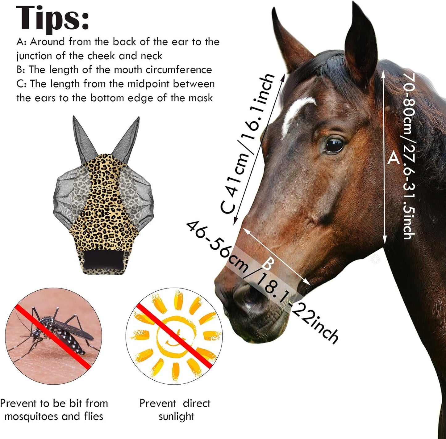 Chunful 6 Pcs Horse Fly Masks with Ears Smooth and Comfortable Cashel Mesh Fly Mask Elasticity Breathability UV Protection Horse Face Covering for Riding Supplies(Leopard,Medium)