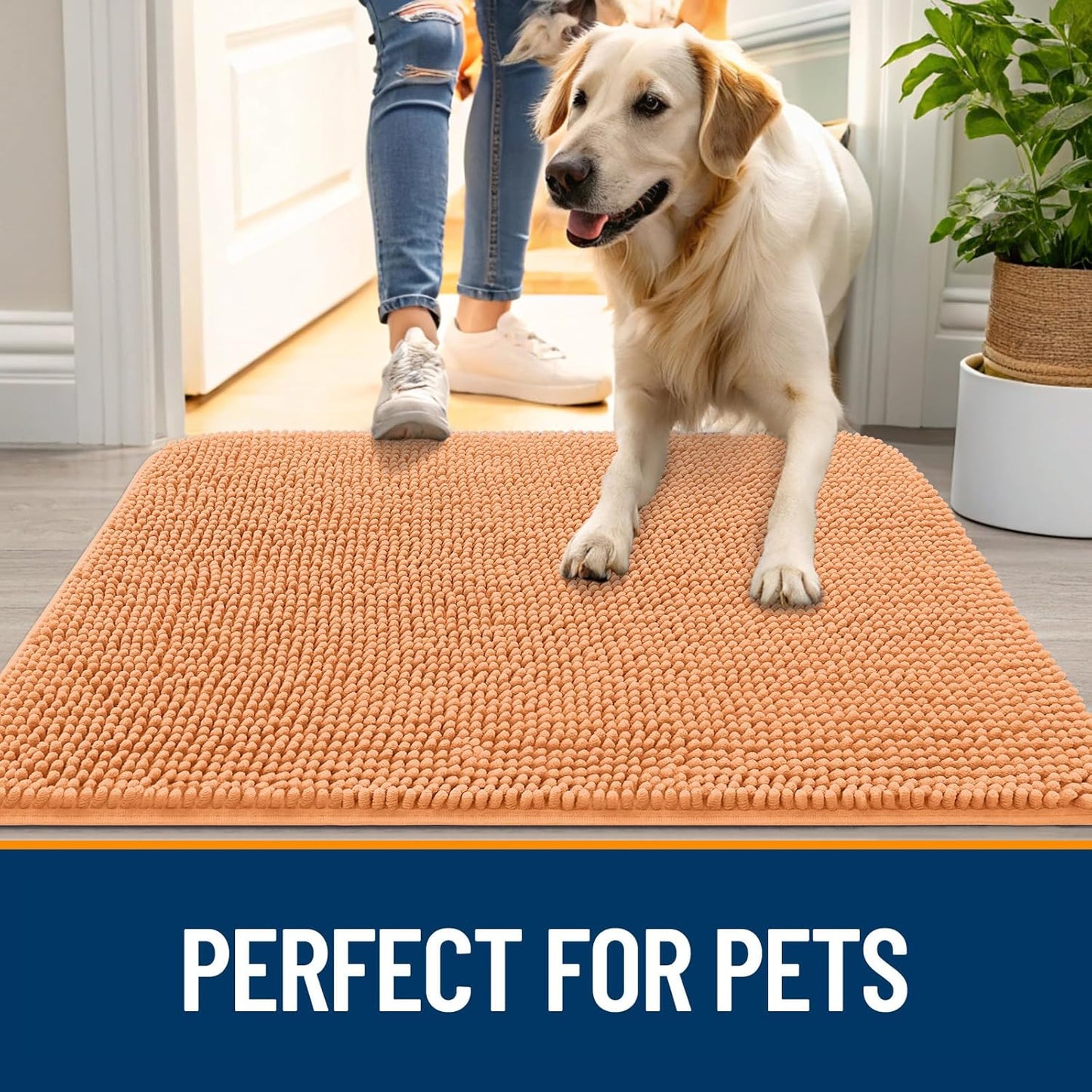 OLANLY Dog Door Mat for Muddy Paws 30x17, Absorbs Moisture and Dirt, Absorbent Non-Slip Washable Doormat, Quick Dry Chenille Mud Mat for Dogs, Entry Indoor Entryway Carpet for Inside Floor, Orange