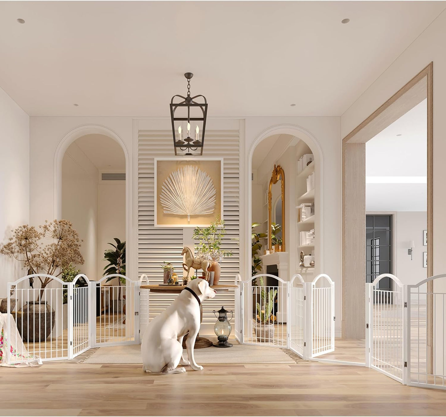 BHG Metal No-Assembly Freestanding Dog Gate with Door Walk Through, Extra Wide 96", Extra Tall 32" Pet Gate, Accordion Puppy Folding Playpen Dog Fence, with 2PCS Support (White, 4 Panels)