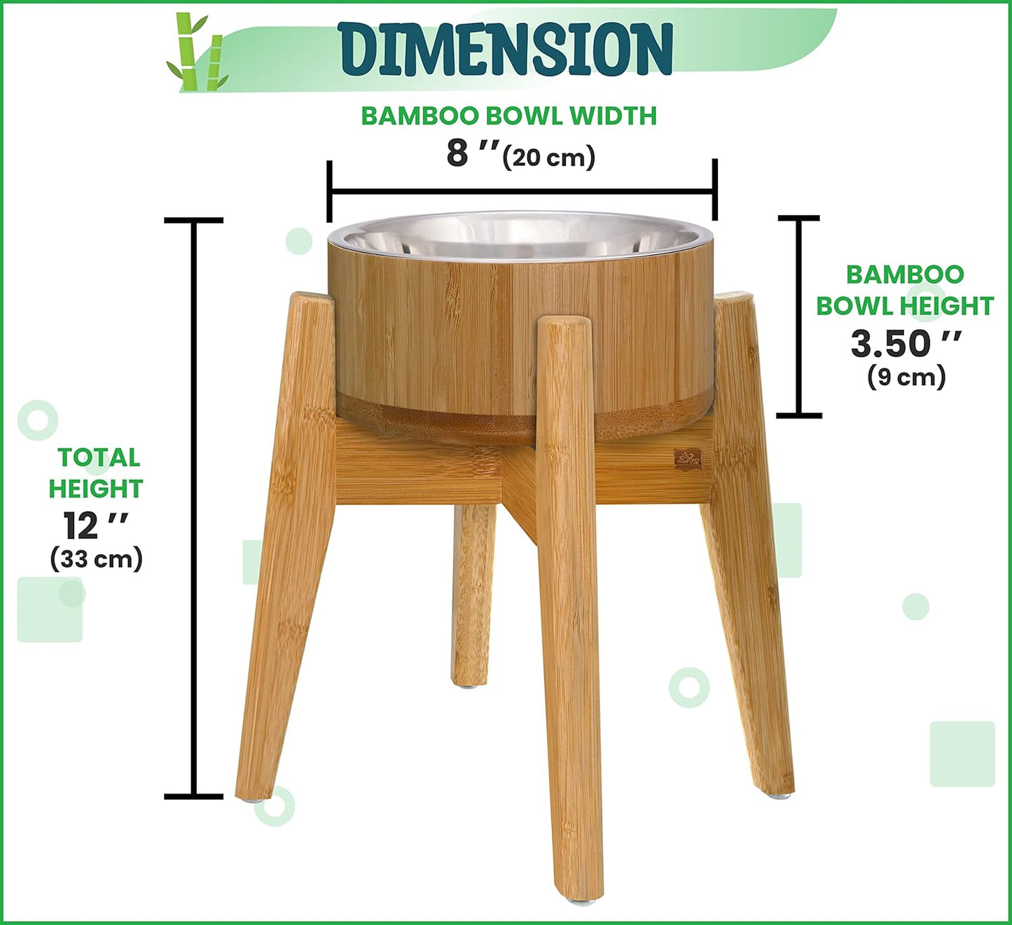 Dog Bowls Elevated, 12-inch High, 5-Cup Cap - Set of Bamboo Holder, Stainless Inner Dish and Stand - Ideal for Medium to Large Breeds - All-Detachable Parts