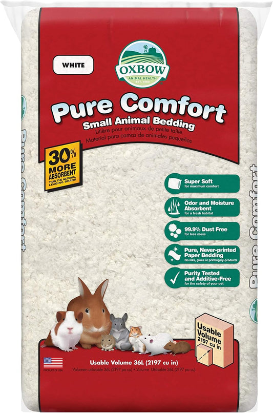 Oxbow Pure Comfort Small Animal Bedding, Odor & Moisture Absorbent Litter for Bunny Litter Box, Low Dust Bedding for Guinea Pig Cage, White Paper, 36 Liter Bag