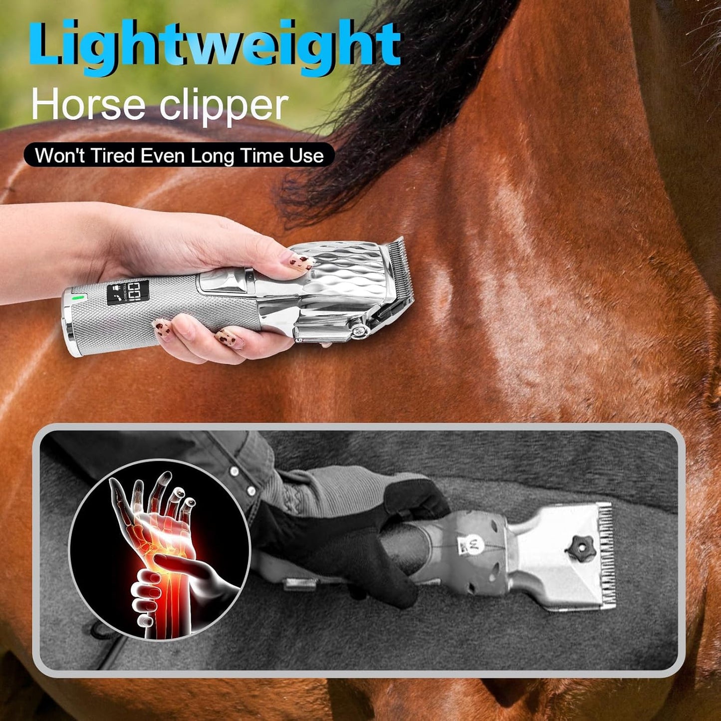 Horse Clippers, Cordless Trimmers Grooming Kit with 2500mAh Battery,Low Noise Heavy Duty Body Clipping Machine with LED Display, Suitable for Horse, Cattle, Cat, Dog with Thick/Tangled Coat