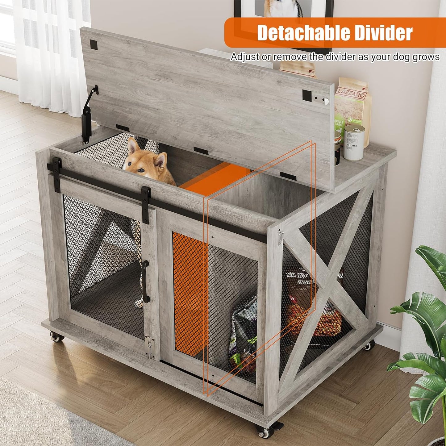 Dog Crate Furniture,37 Inch Indoor Dog Cage with Sliding Barn Door, Flip Top Dog Kennel End Table with Removable Divider, Farmhouse Wooden Pet House for Small to Middle Size Dogs